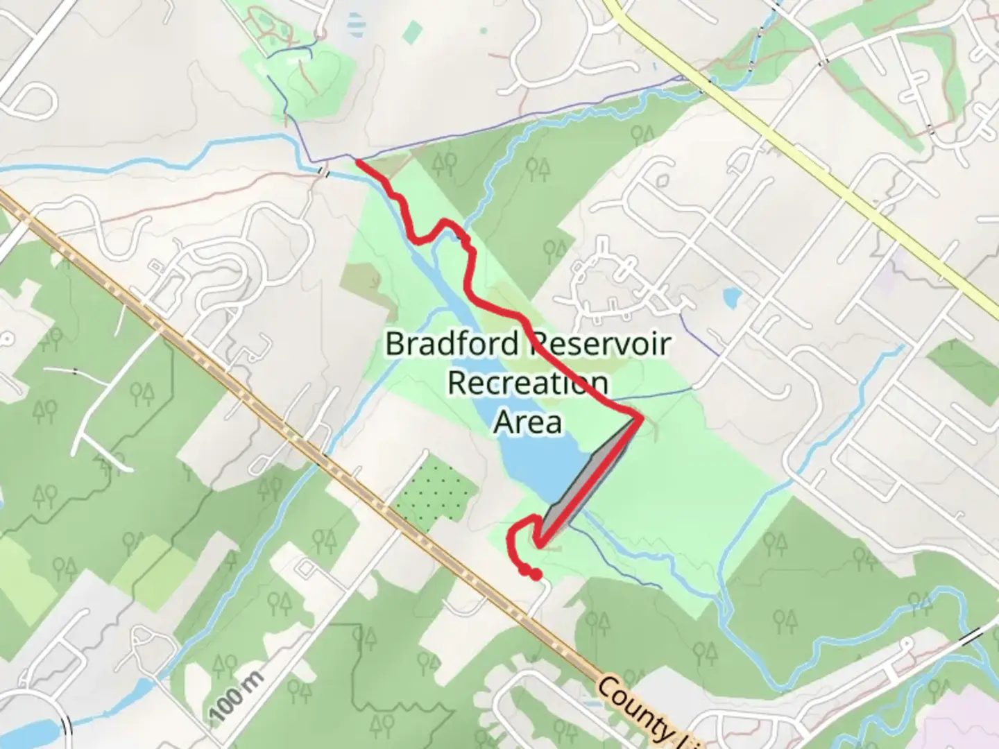 An image depicting the trail Bradford Reservoir from Bradford Road and its surrounding area.