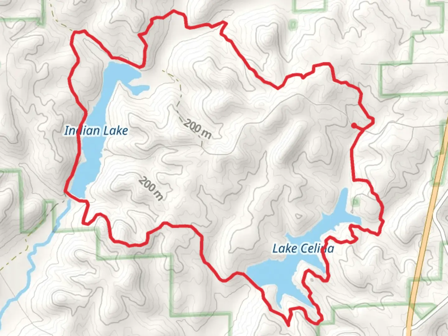 An image depicting the trail Indian and Celina Lake Loop and its surrounding area.
