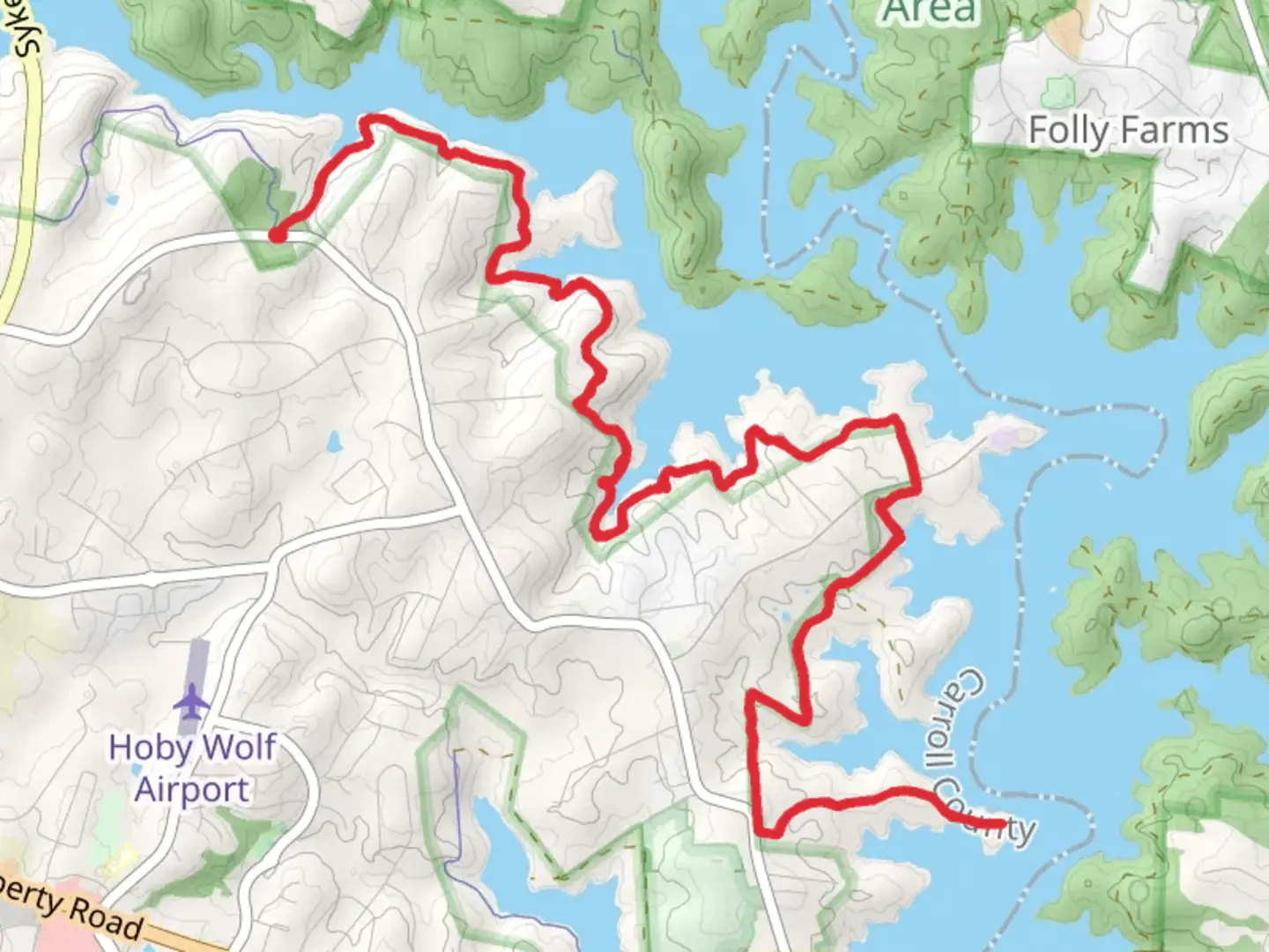 An image depicting the trail Liberty Reservoir Survivor Expedition from Merryman Heights and its surrounding area.