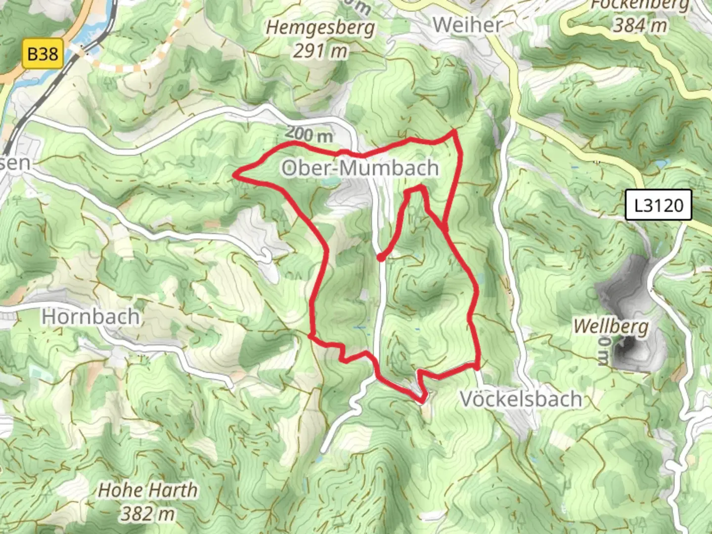 An image depicting the trail Ober Ramstadt Wiesenbach Loop and its surrounding area.