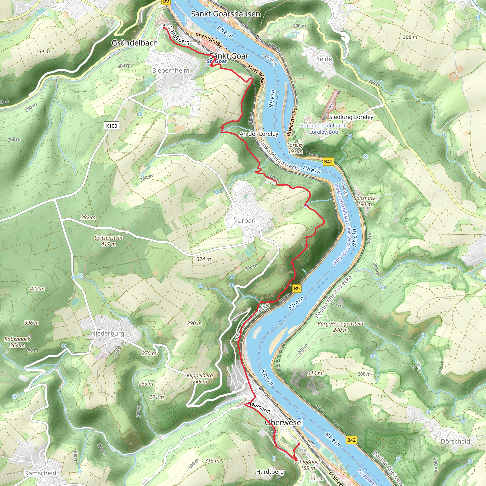 Rheinfels Castle to Oberwesel Walk via Kurzer Pfad and Lochbachwasserfall mobile static map