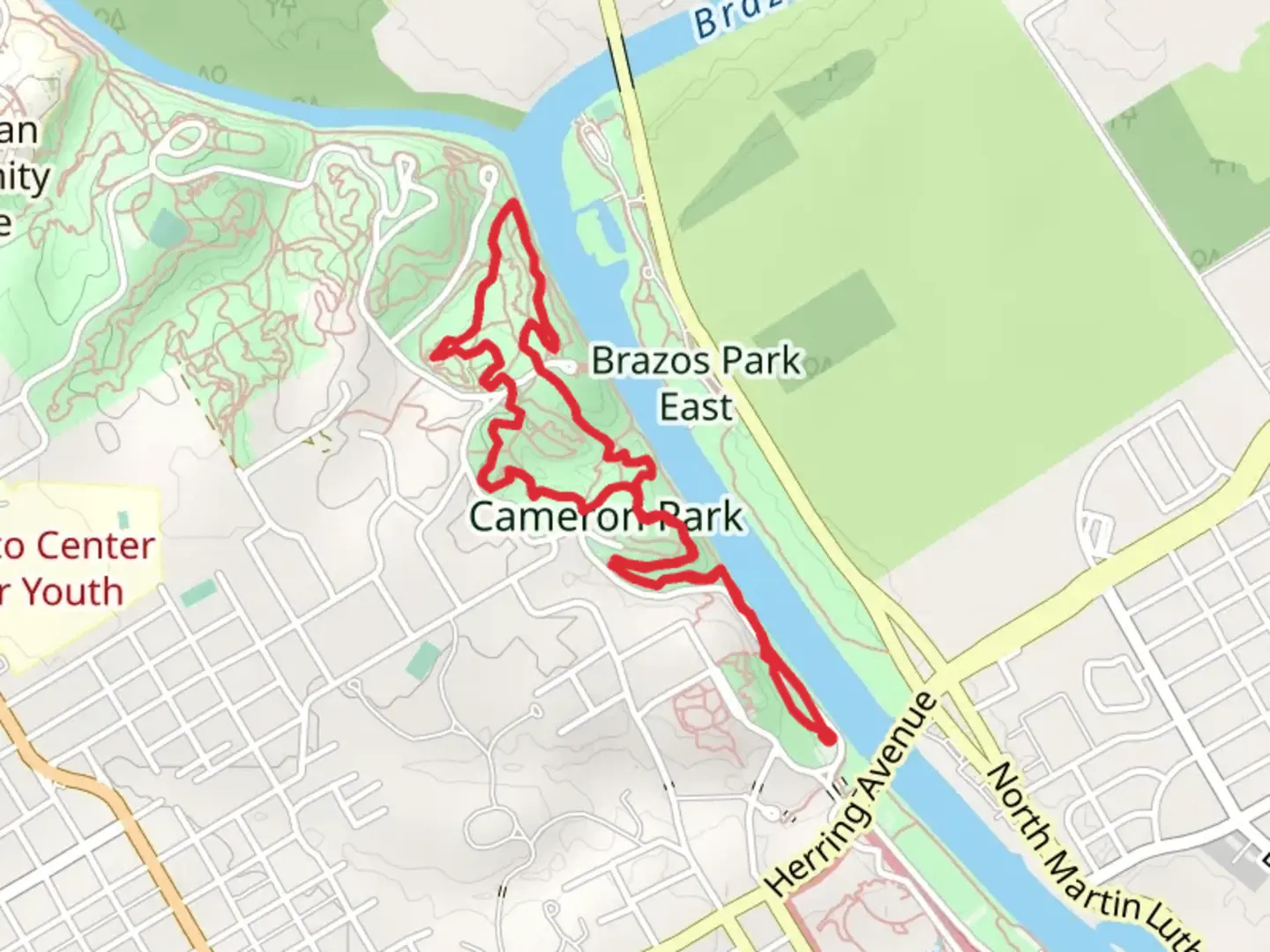 An image depicting the trail Brazos River via Vermont and Sidewinder Loop Trail and its surrounding area.