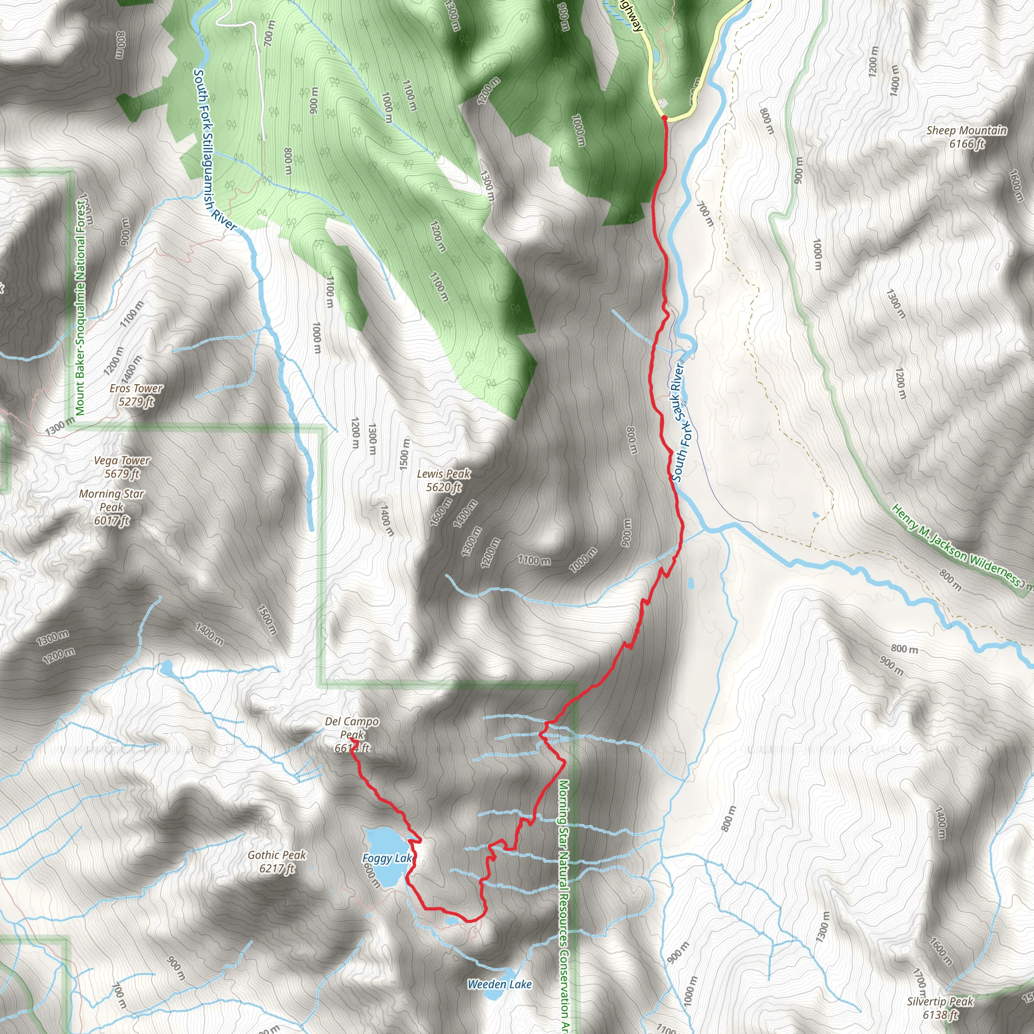 Del Campo Peak and Foggy Lake via Monte Cristo Trail mobile static map