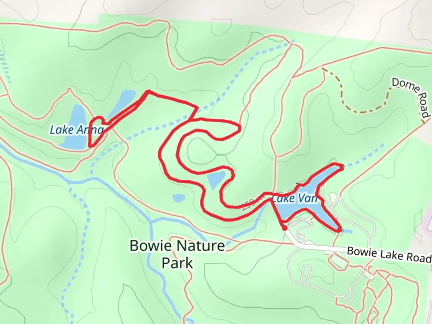 An image depicting the trail Lake Van and Lake Anna via Twin Lakes and Loblolly Loop and its surrounding area.