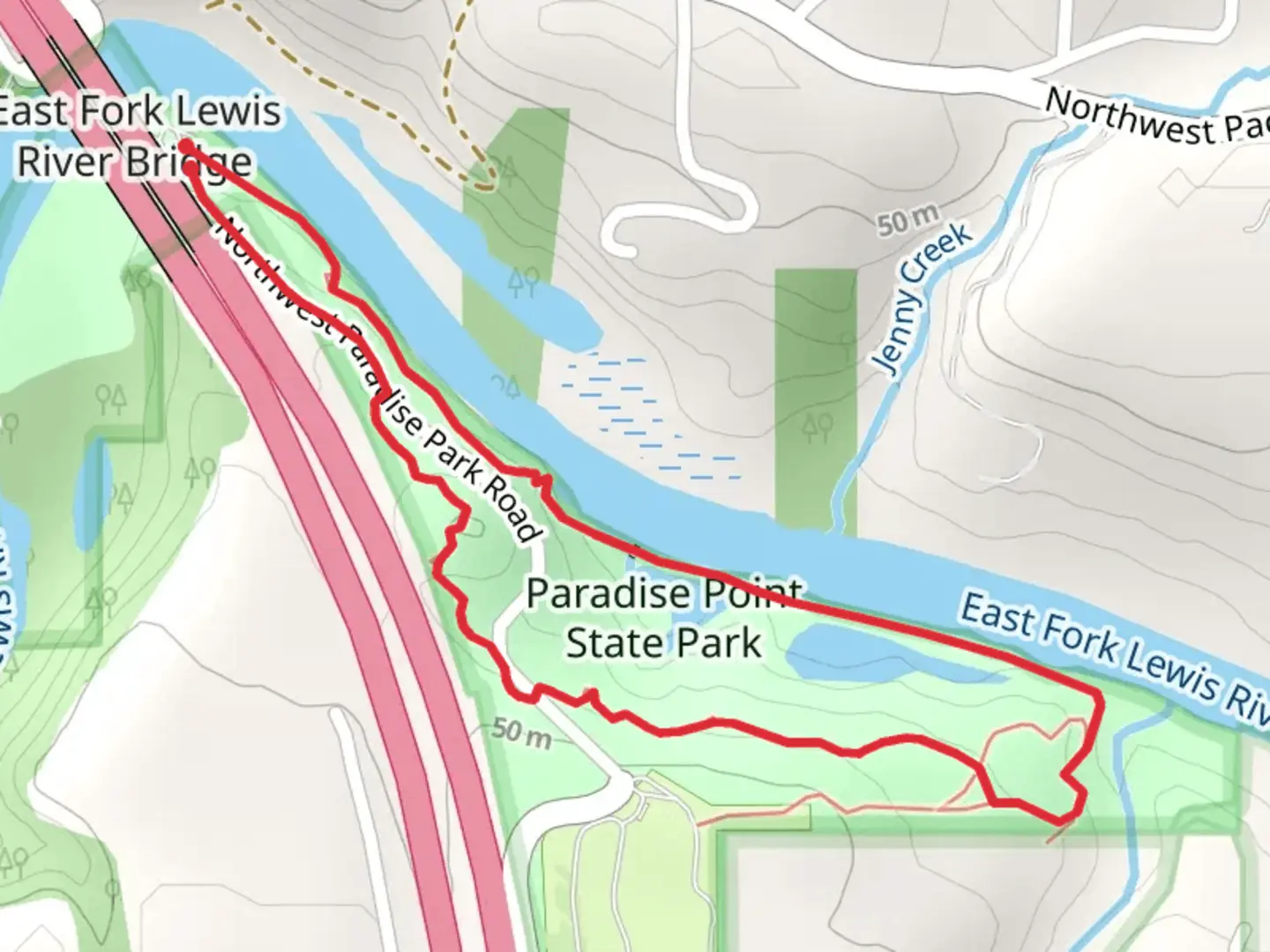 An image depicting the trail East Fork Lewis River and Paradise Point State Park Loop and its surrounding area.