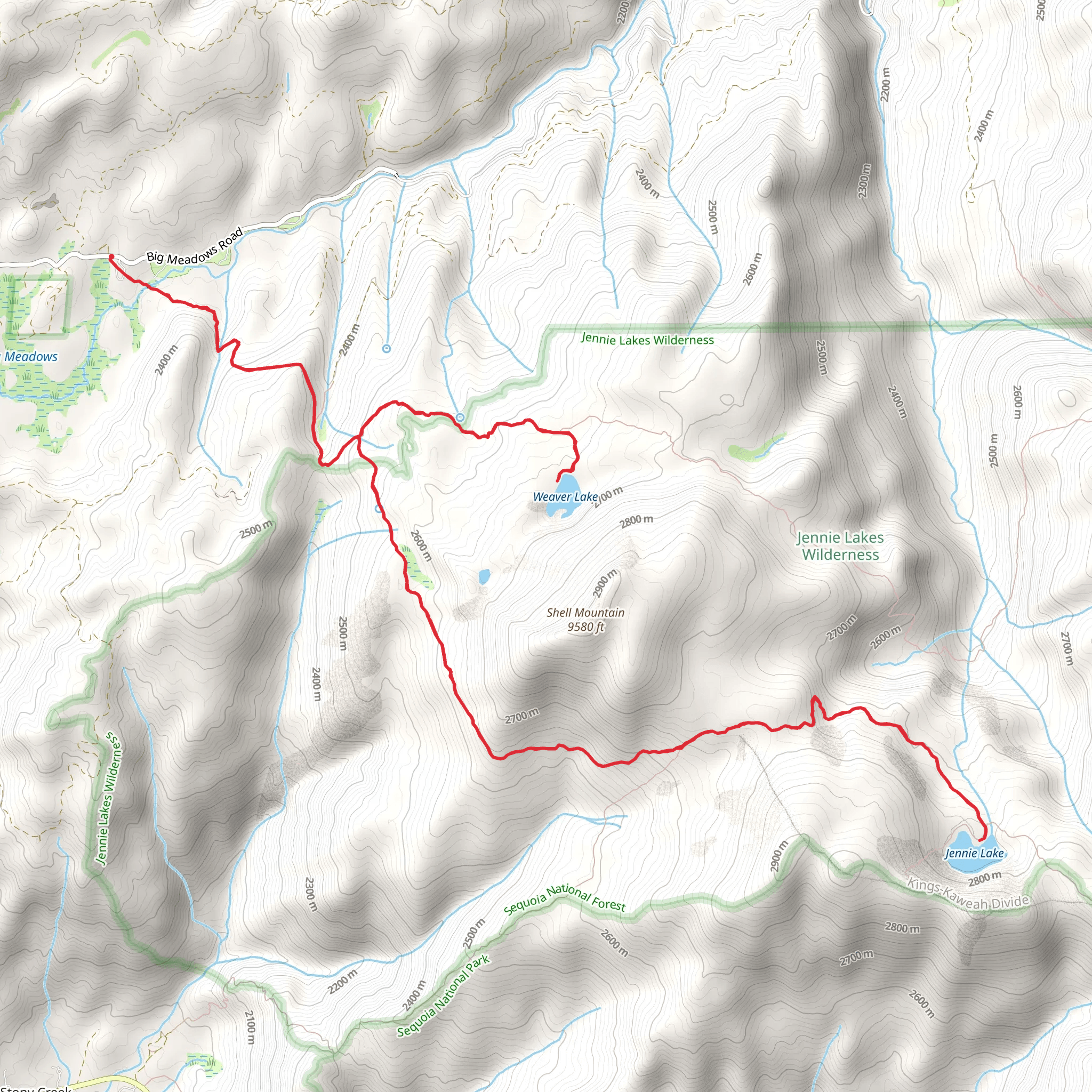 Weaver Lake and Jennie Lake via Big Meadows Trail mobile static map