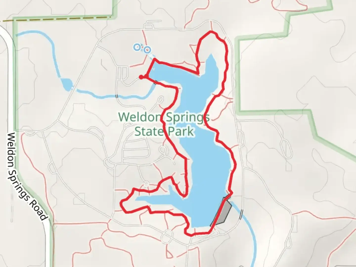 An image depicting the trail Weldon Springs Lake Loop and its surrounding area.