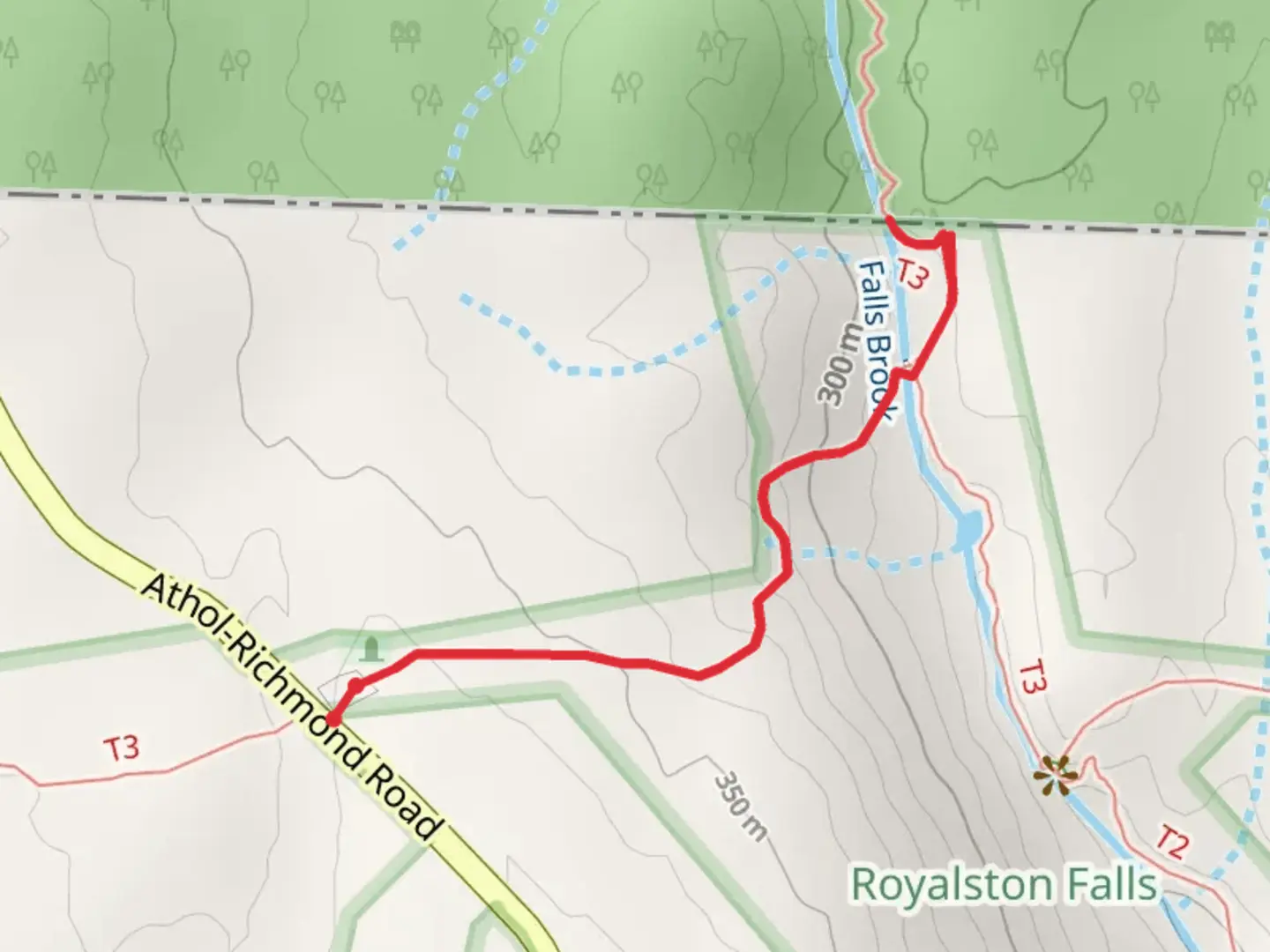 An image depicting the trail Tully Trail -Yellow from Athol-Richmond Road and its surrounding area.