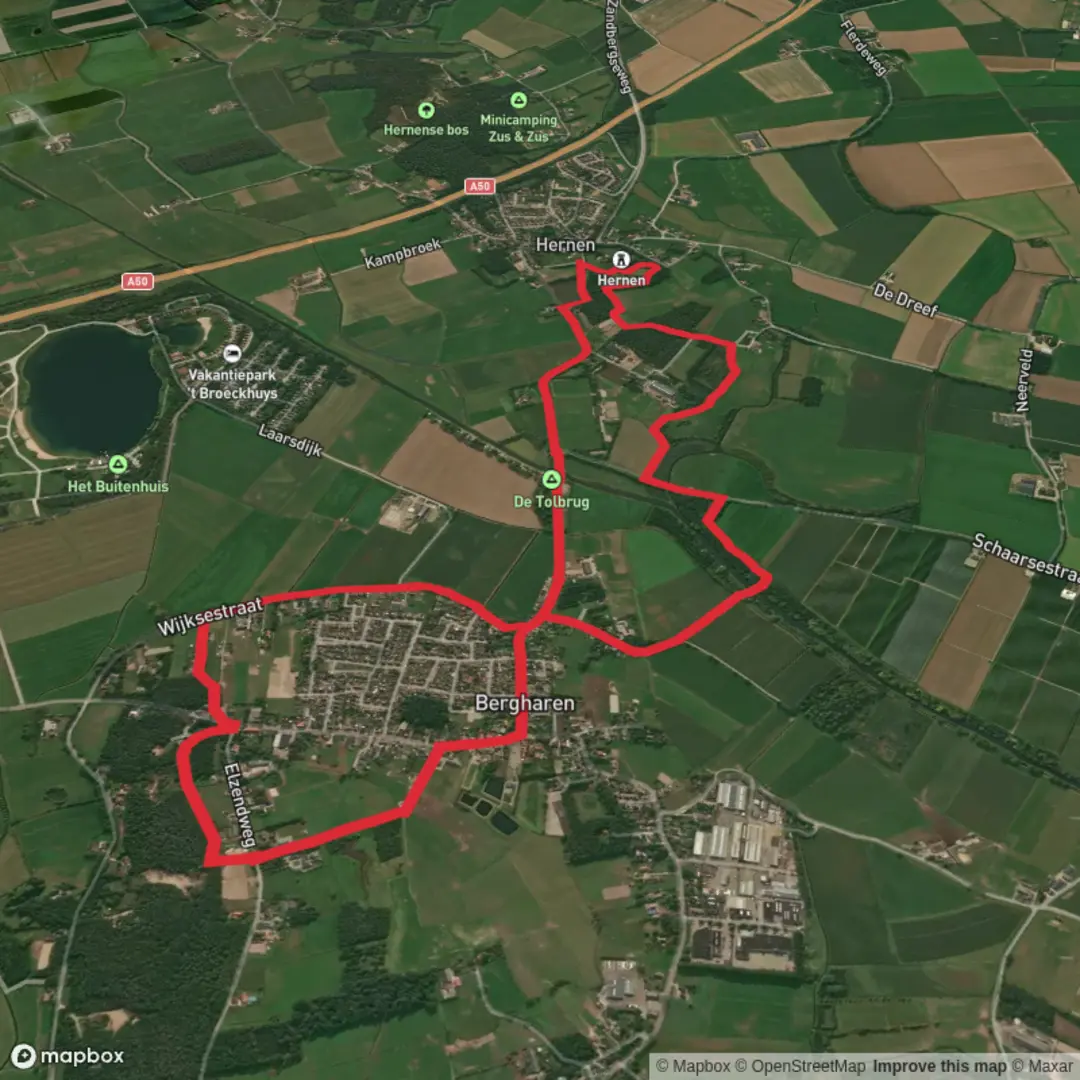 An image depicting the trail Elzend and De Tolbrug via Wijksestraat and its surrounding area.