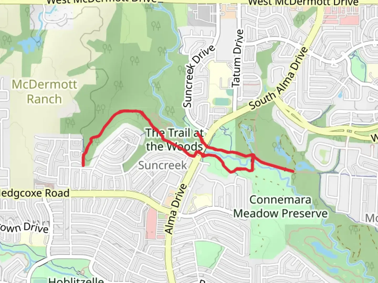 An image depicting the trail Rowlett Creek Trail - Suncreek Park and its surrounding area.