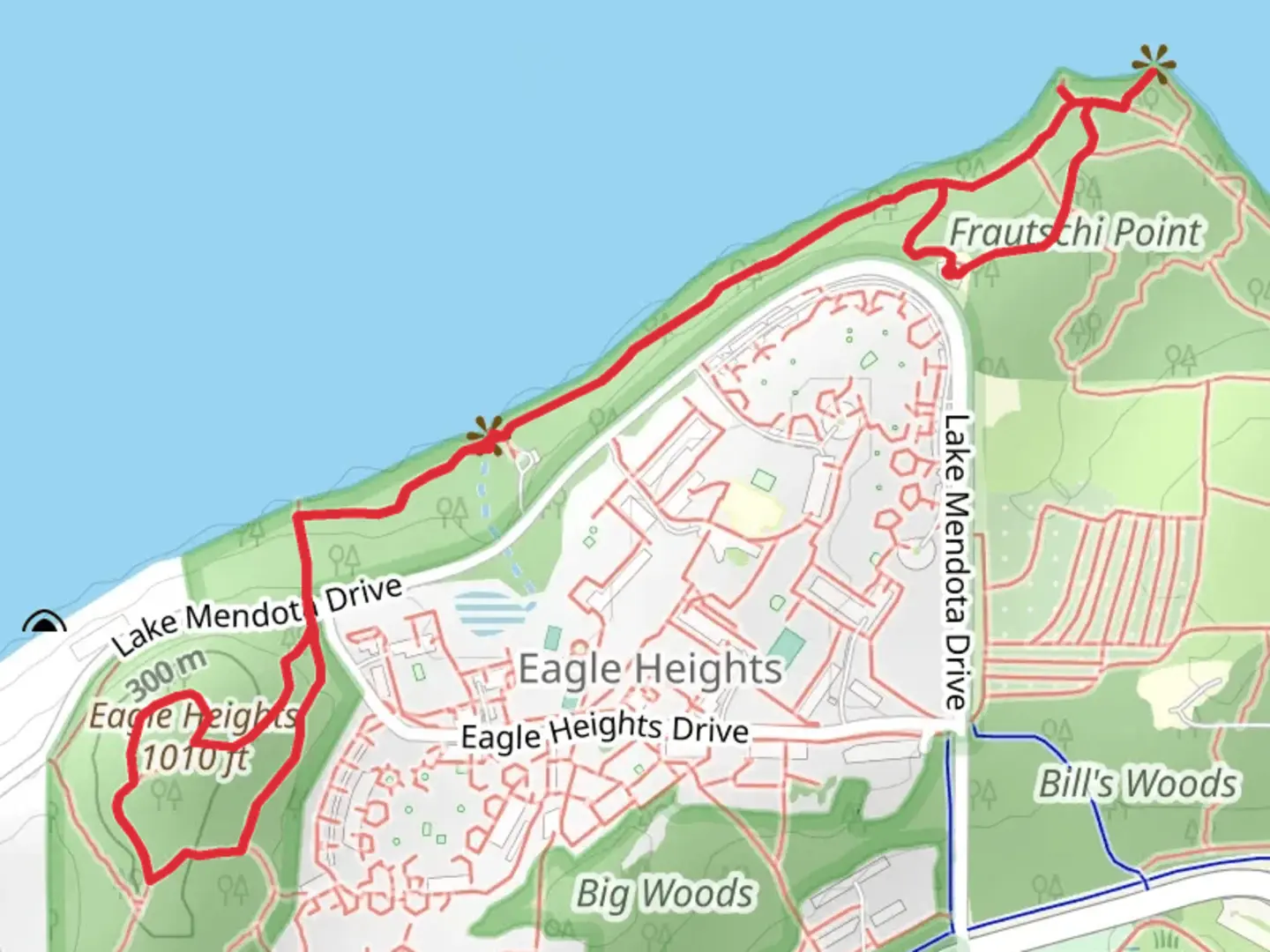 An image depicting the trail Eagle Heights Loop from Frautschi Point and its surrounding area.