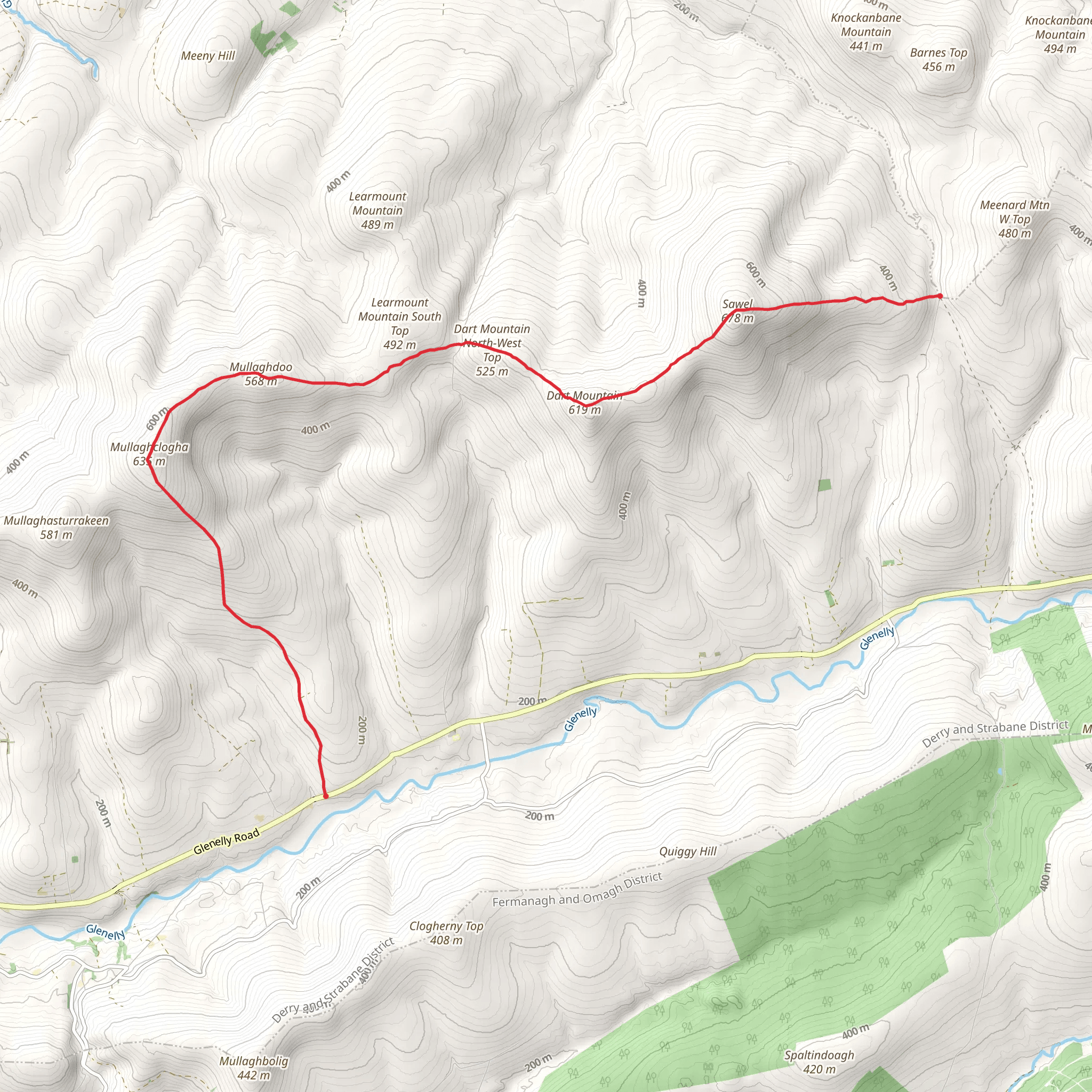 Mullaghclogha to Sawel Mountain via Dart Mountain mobile static map