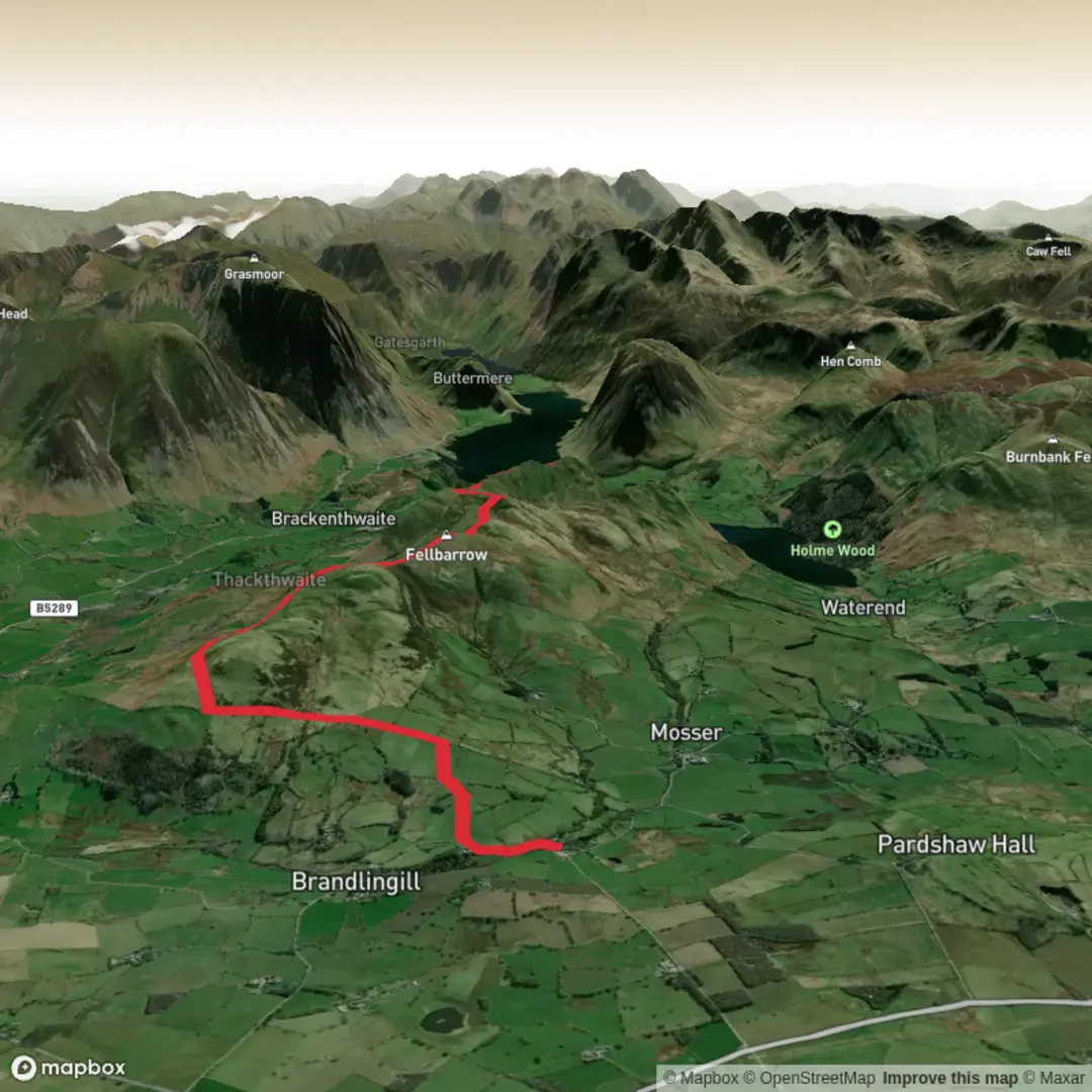 An image depicting the trail Fellbarrow and Low Fell and its surrounding area.