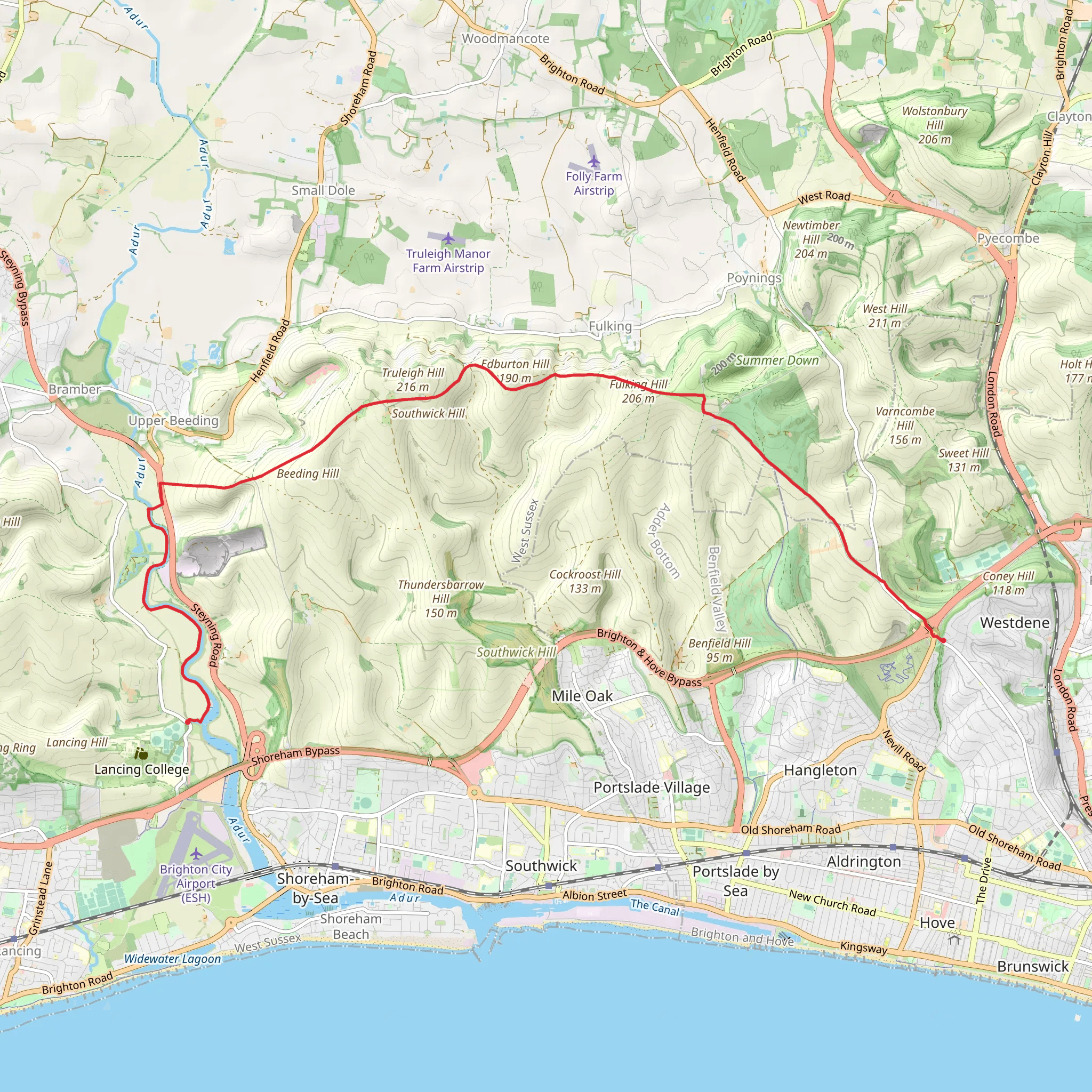Hike from Shoreham Adur to Hilltop Cafe mobile static map