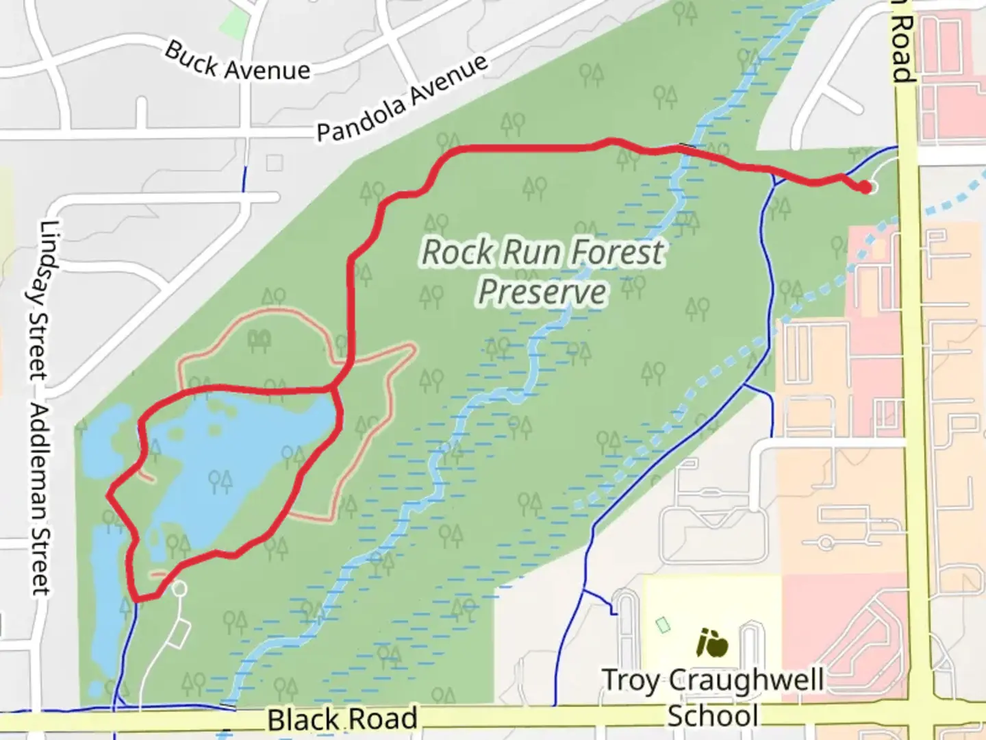 An image depicting the trail Rock Run Greenway Loop and its surrounding area.