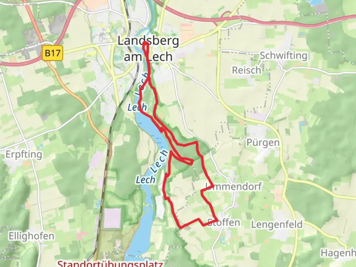 An image depicting the trail Landsberg to Stoffen Loop via Pobinger Wald and its surrounding area.