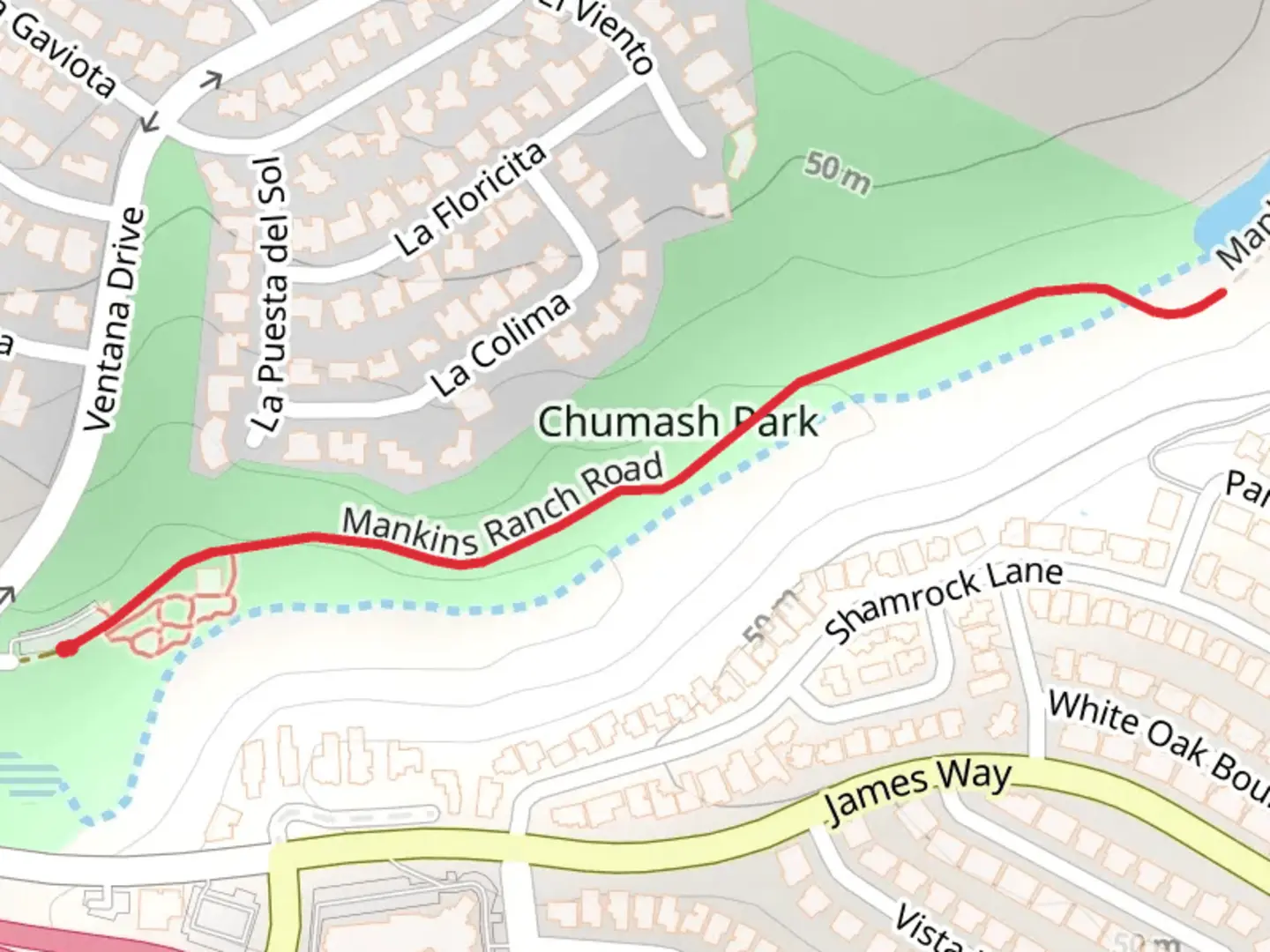 An image depicting the trail Mankins Ranch Road - Chumash Park and its surrounding area.