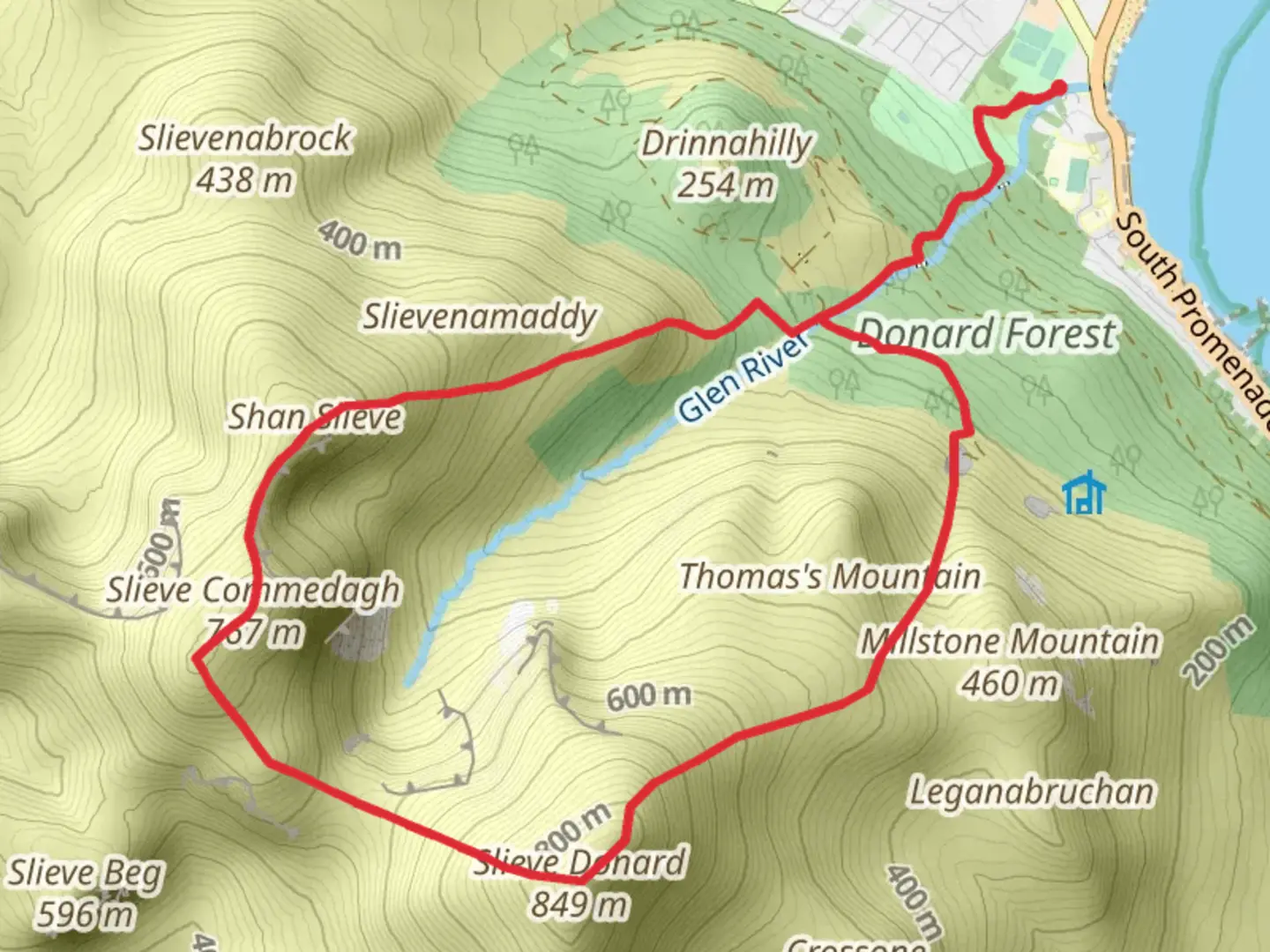 An image depicting the trail Slieve Commedagh and Slieve Donard Loop Trail and its surrounding area.