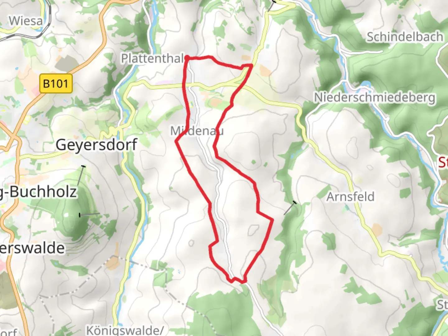 An image depicting the trail Mildenau Ww Loop and its surrounding area.