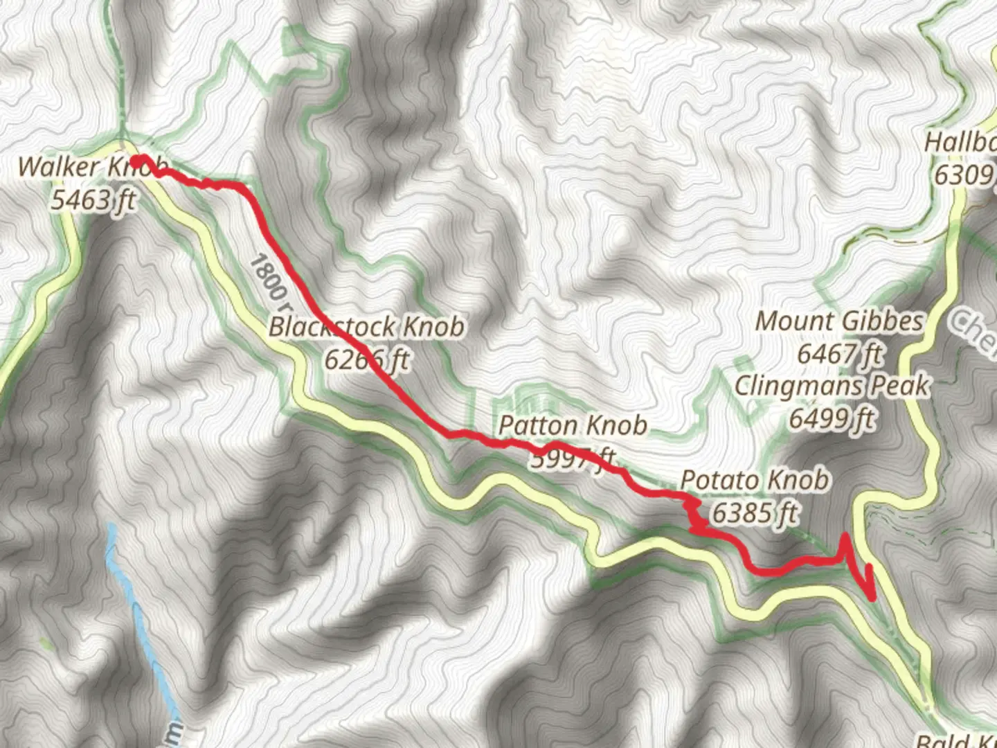 An image depicting the trail Patton Knob and Blackstock Knob via Mountains-to-Sea Trail and its surrounding area.