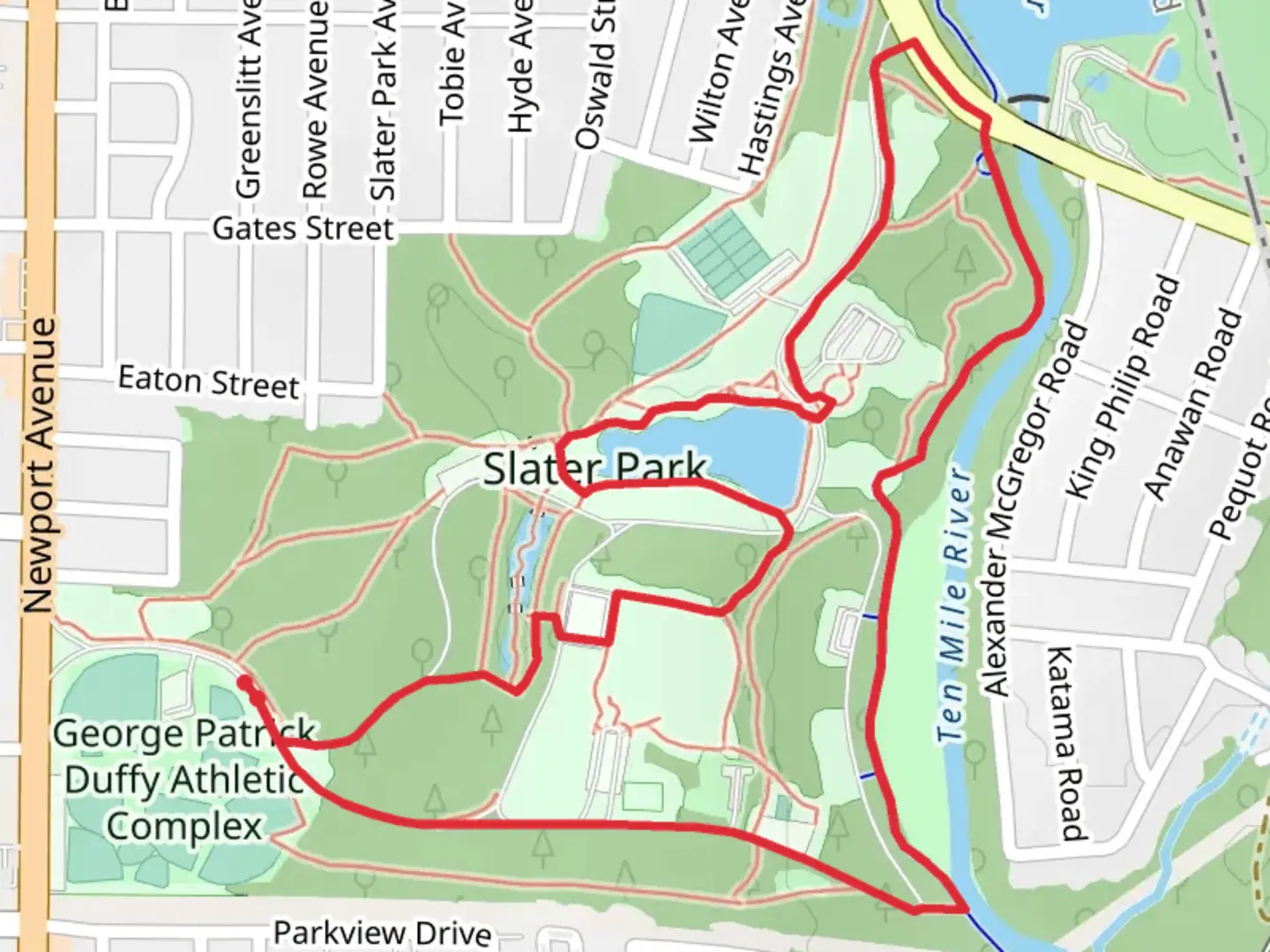 An image depicting the trail Slater Park Fishing Pond Loop and its surrounding area.