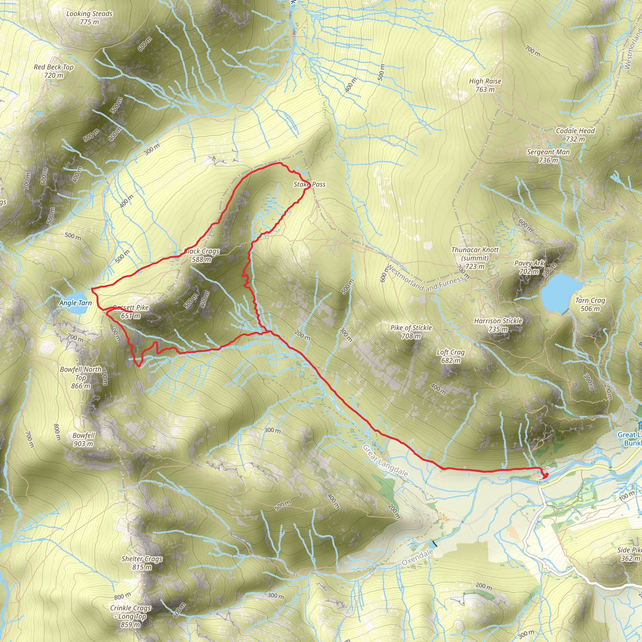 Rossett Pike, Angle Tarn and Stake Pass Loop from Old Dungeon Ghyll Hotel mobile static map