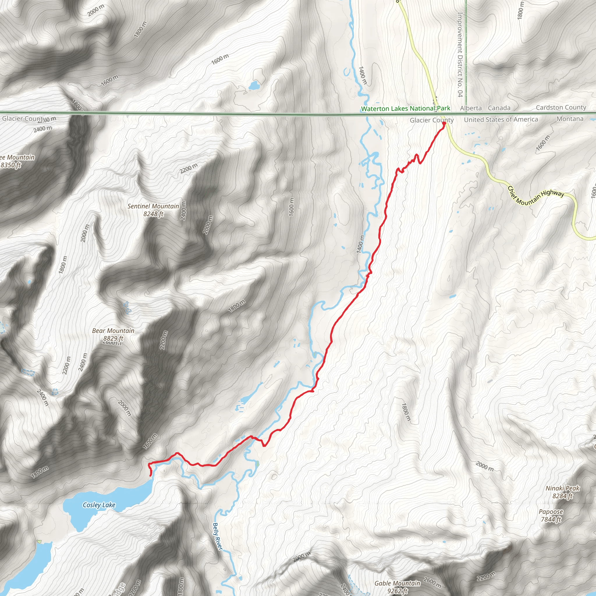Cosley Lake Cutoff via Belly River Trail mobile static map