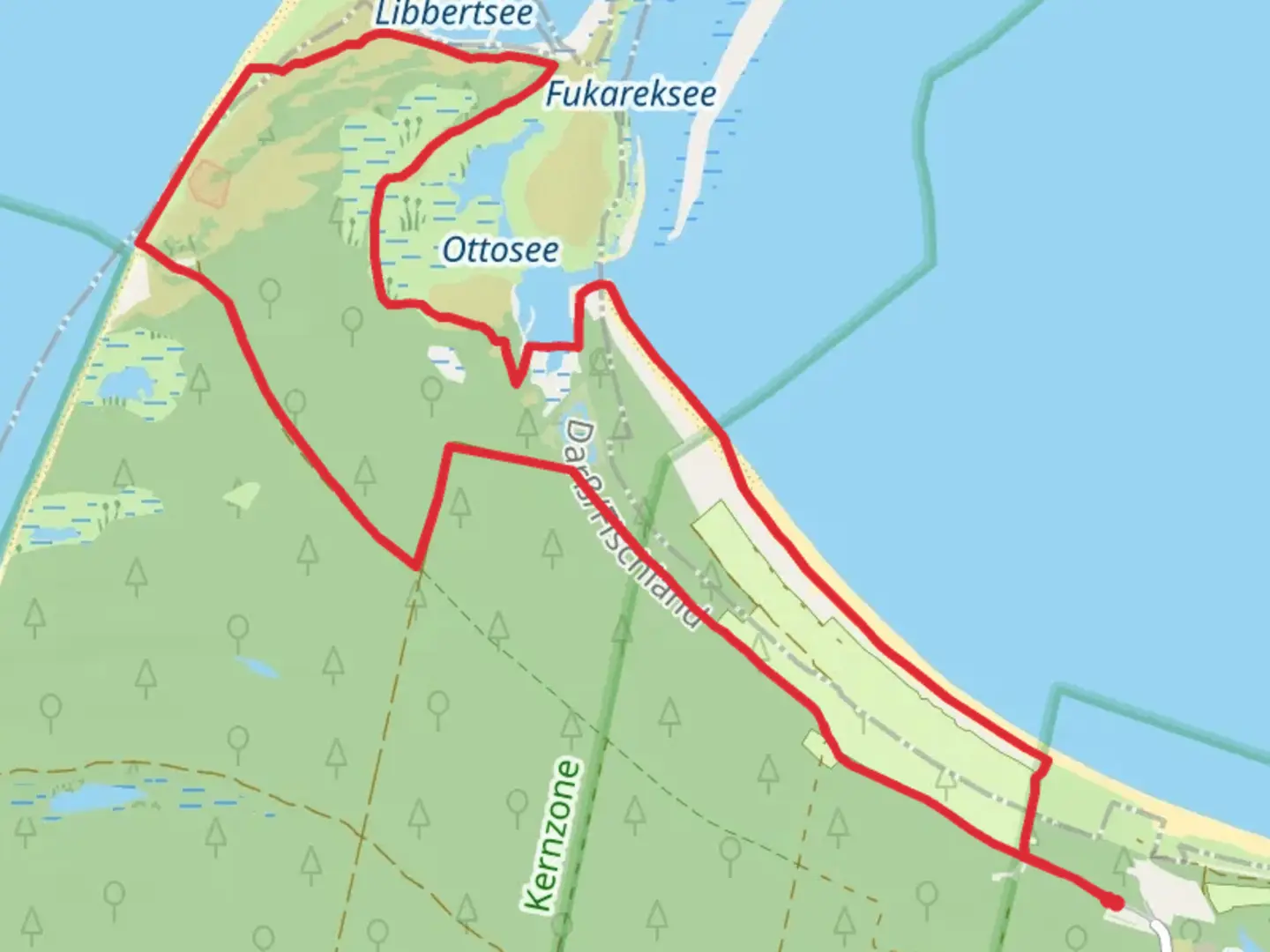 An image depicting the trail Libbertsee Loop via Rundwanderweg Darßer Ort and its surrounding area.