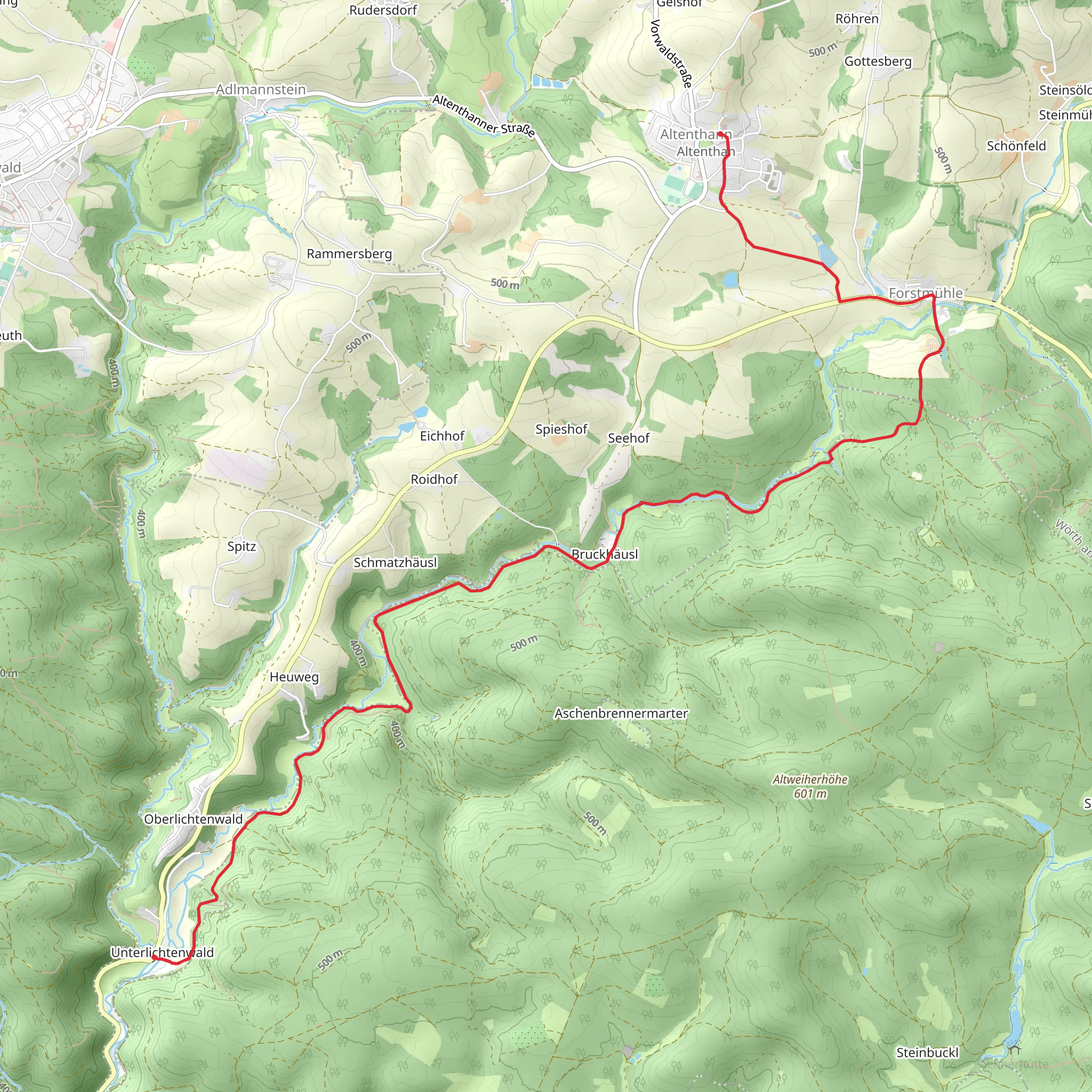 Unterlicl to Altenthann via Forstmuehle Bach mobile static map