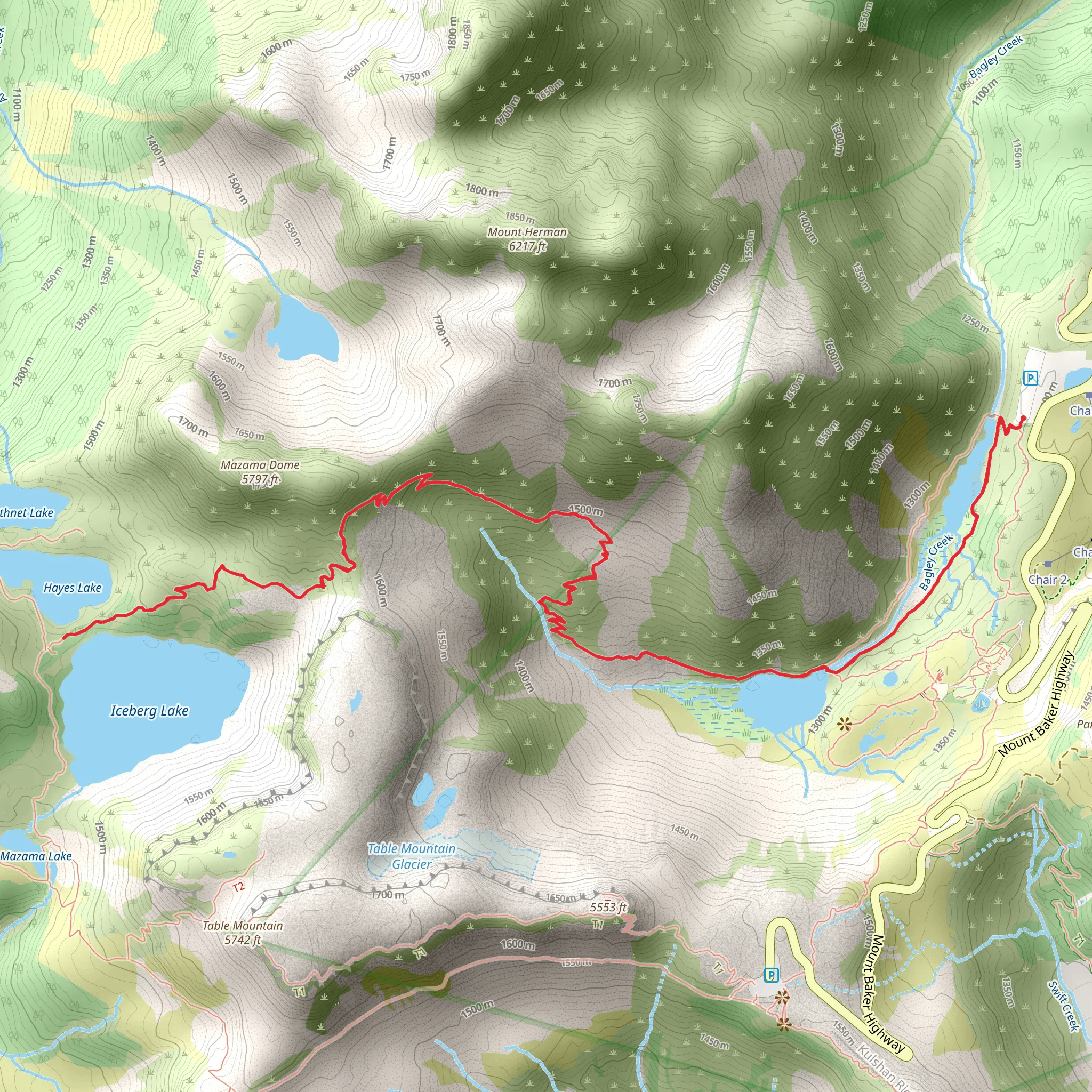 Hayes and Iceberg Lake via Chain Lakes Trail mobile static map