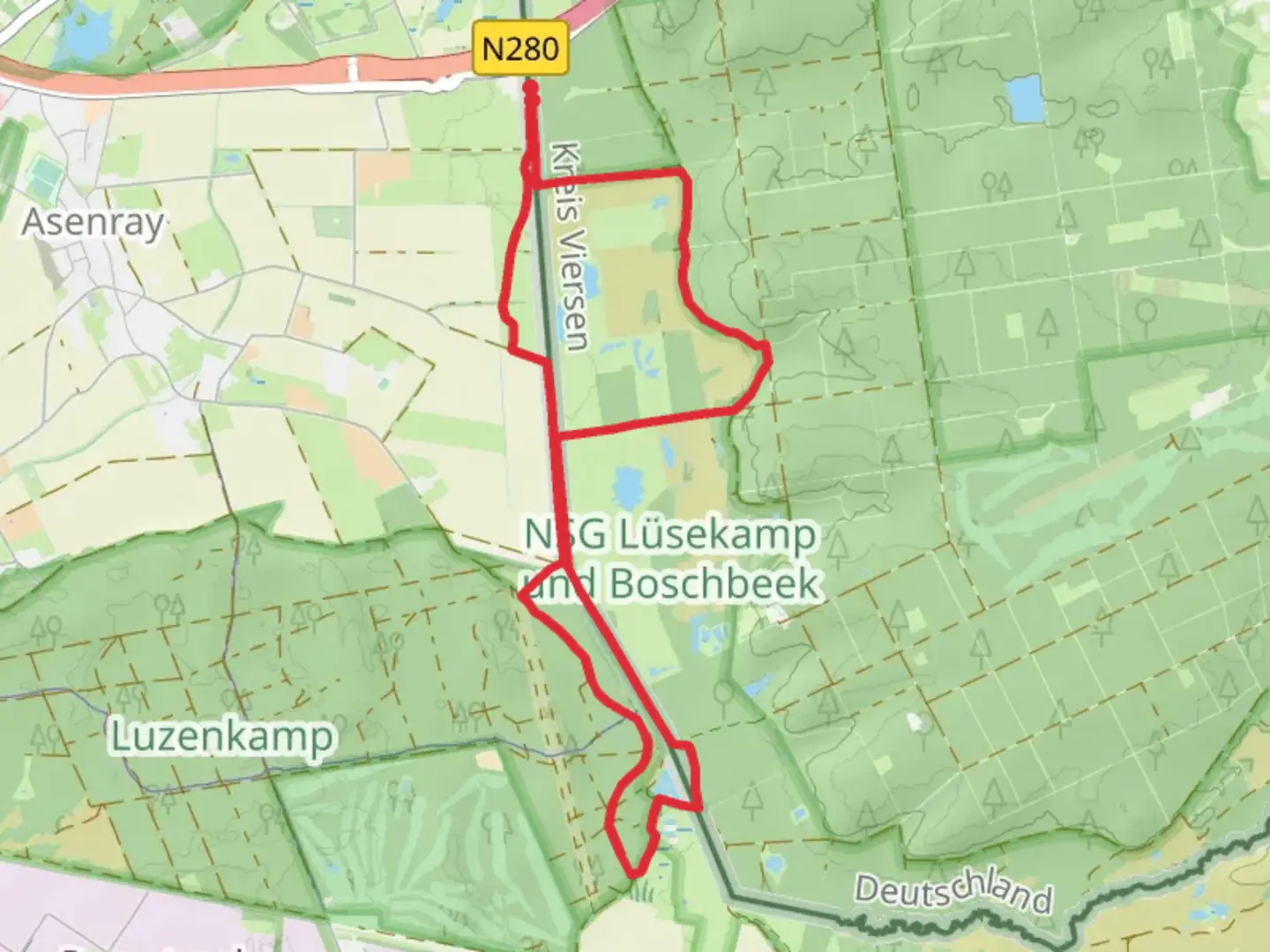 An image depicting the trail NSG Luesekamp und Boschbeek and Melickerven Loop and its surrounding area.