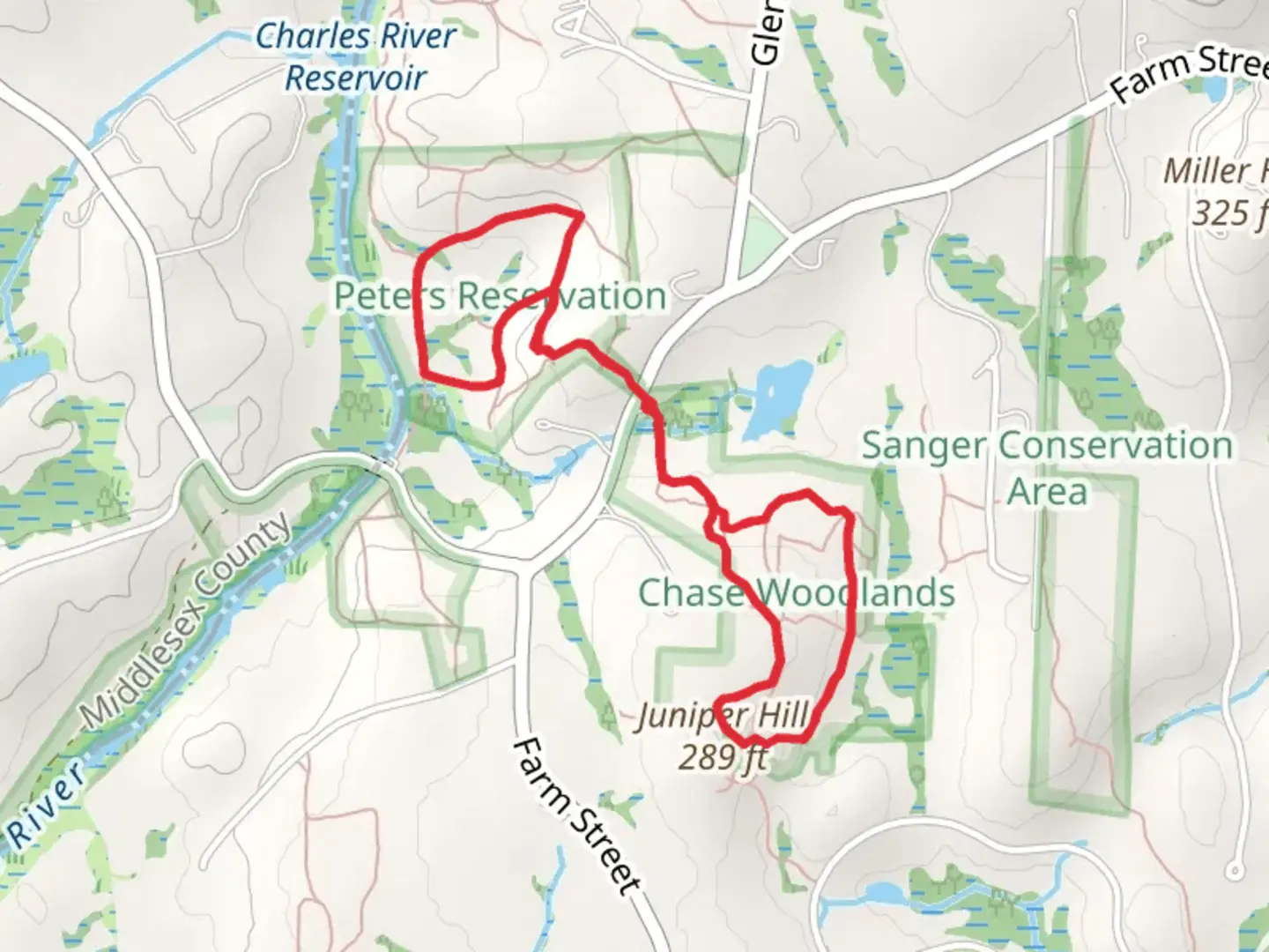 An image depicting the trail Chase Woodlands Loop and its surrounding area.