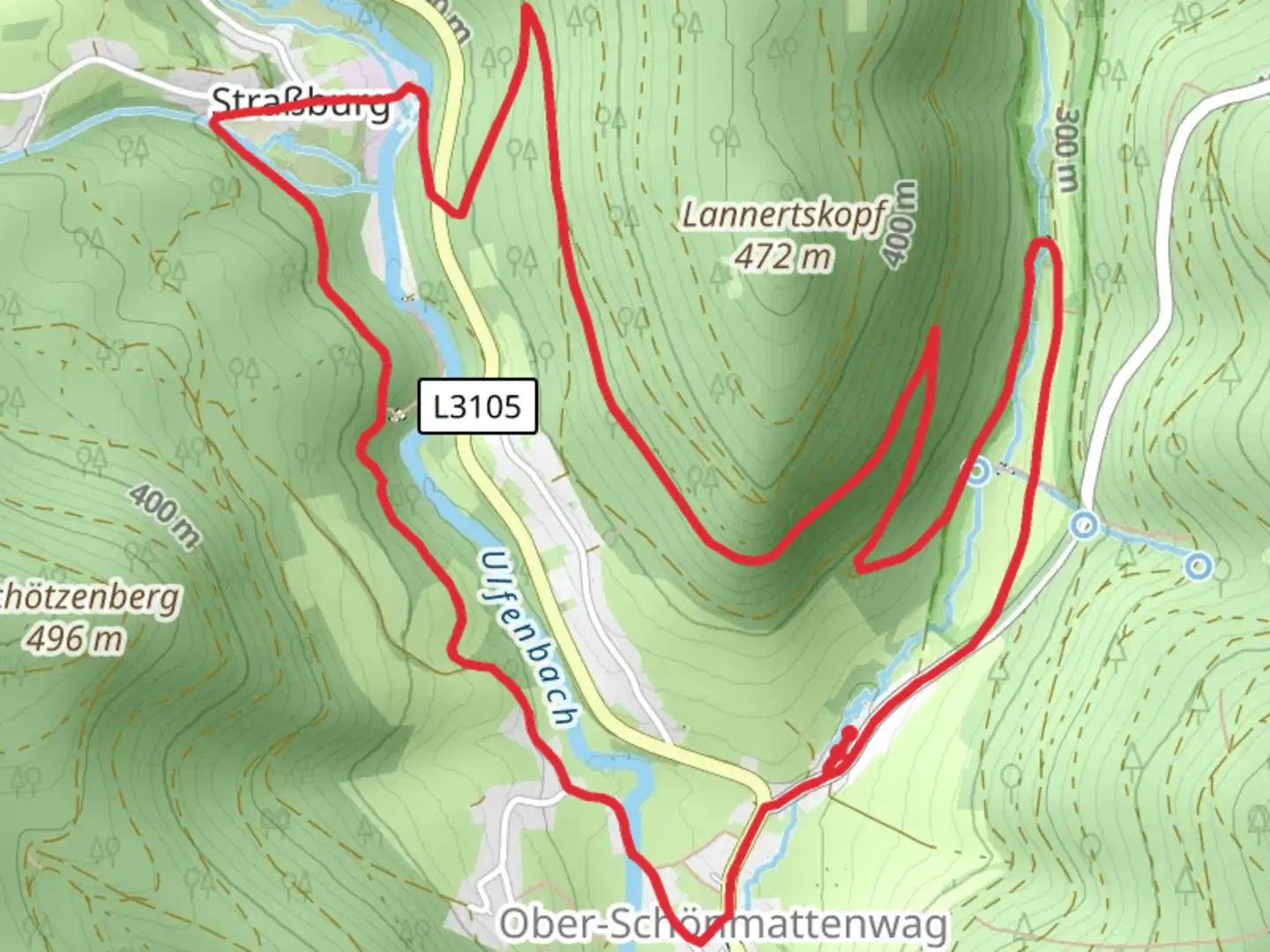 An image depicting the trail Ober-Schönmattenwag and Straßburg Loop and its surrounding area.