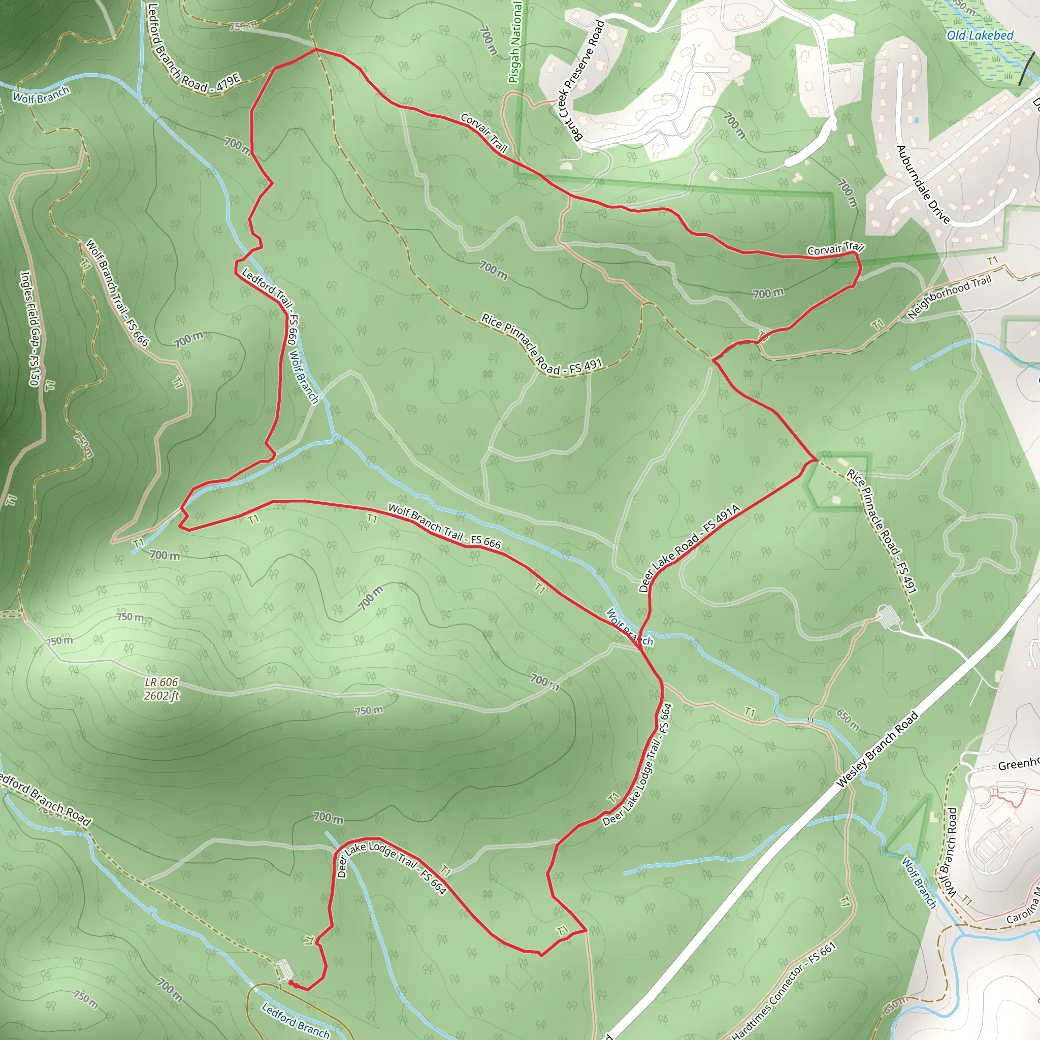 Deer Lake Lodge Trail, Wolf Branch Trail and Corvair Trail Loop mobile static map