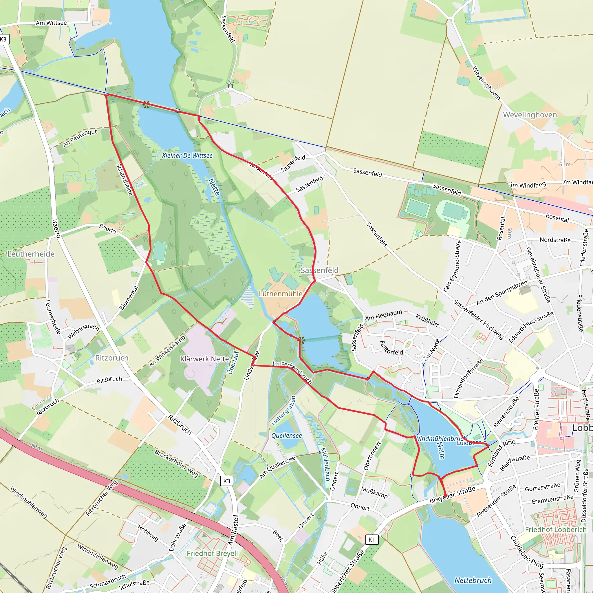 Windmühlenbruch and De Wittsee via Nette Seen mobile static map