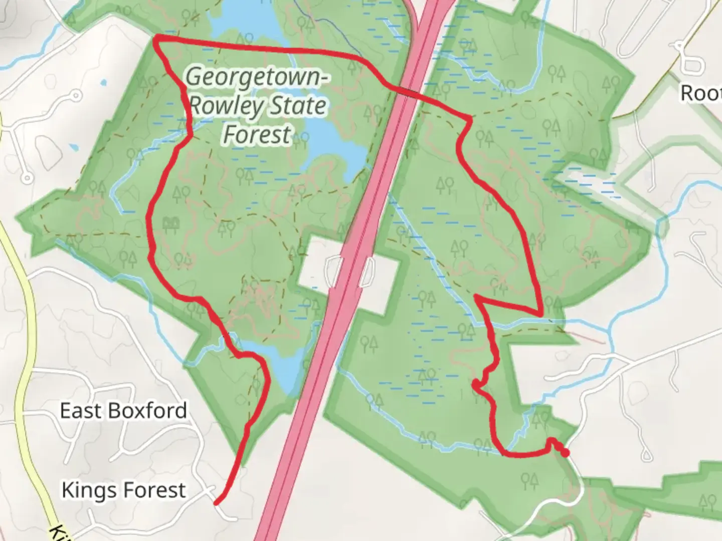 An image depicting the trail Georgetown-Rowley State Forest Loop and its surrounding area.