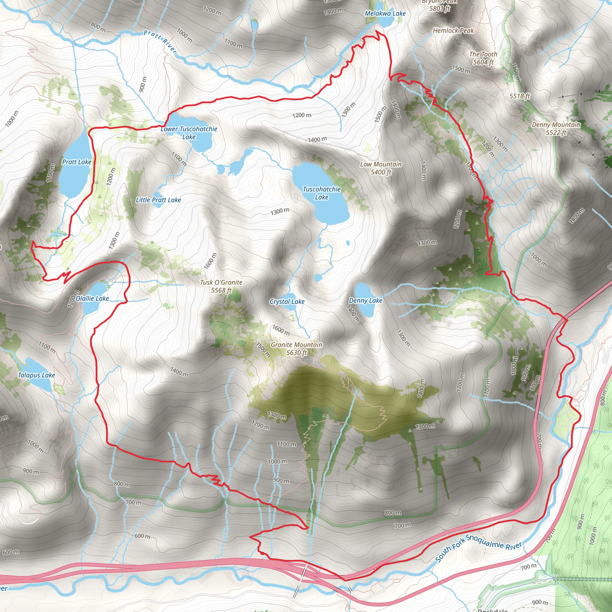 Pratt Lake Trail, Melakwa Lake Trail and Denny Creek Trail mobile static map