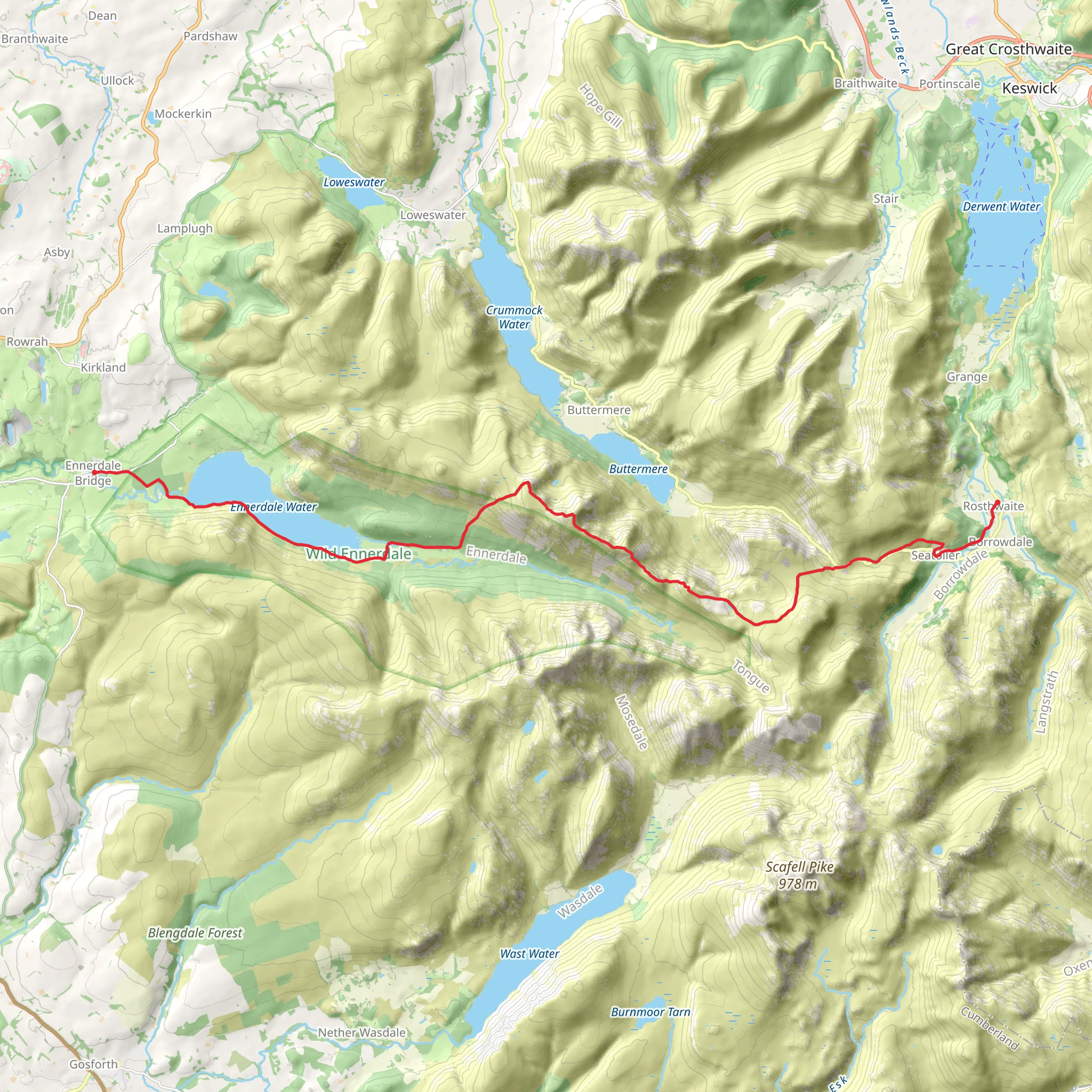Ennerdale Bridge to Rosthwaite Walk via Red Pike mobile static map