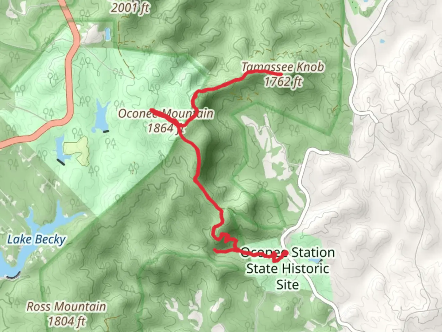 An image depicting the trail Station Cove Falls and Tamassee Knob Trail and its surrounding area.