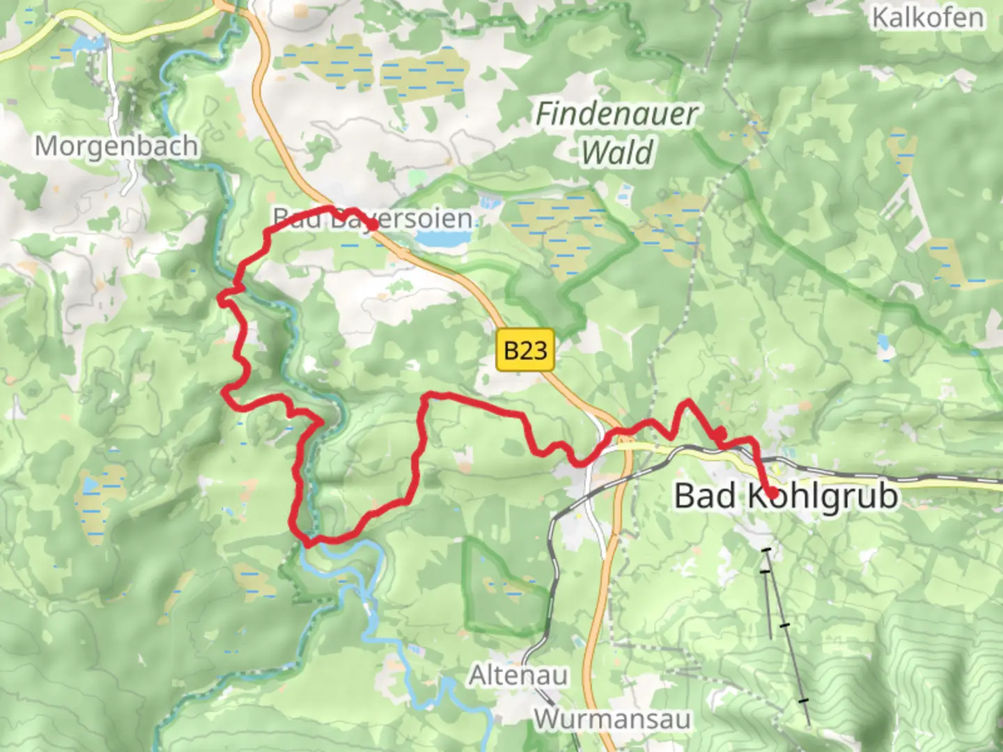 An image depicting the trail Bad Bayersoien to Bad Kohlgrub via Meditationsweg Ammergauer Alpen and its surrounding area.