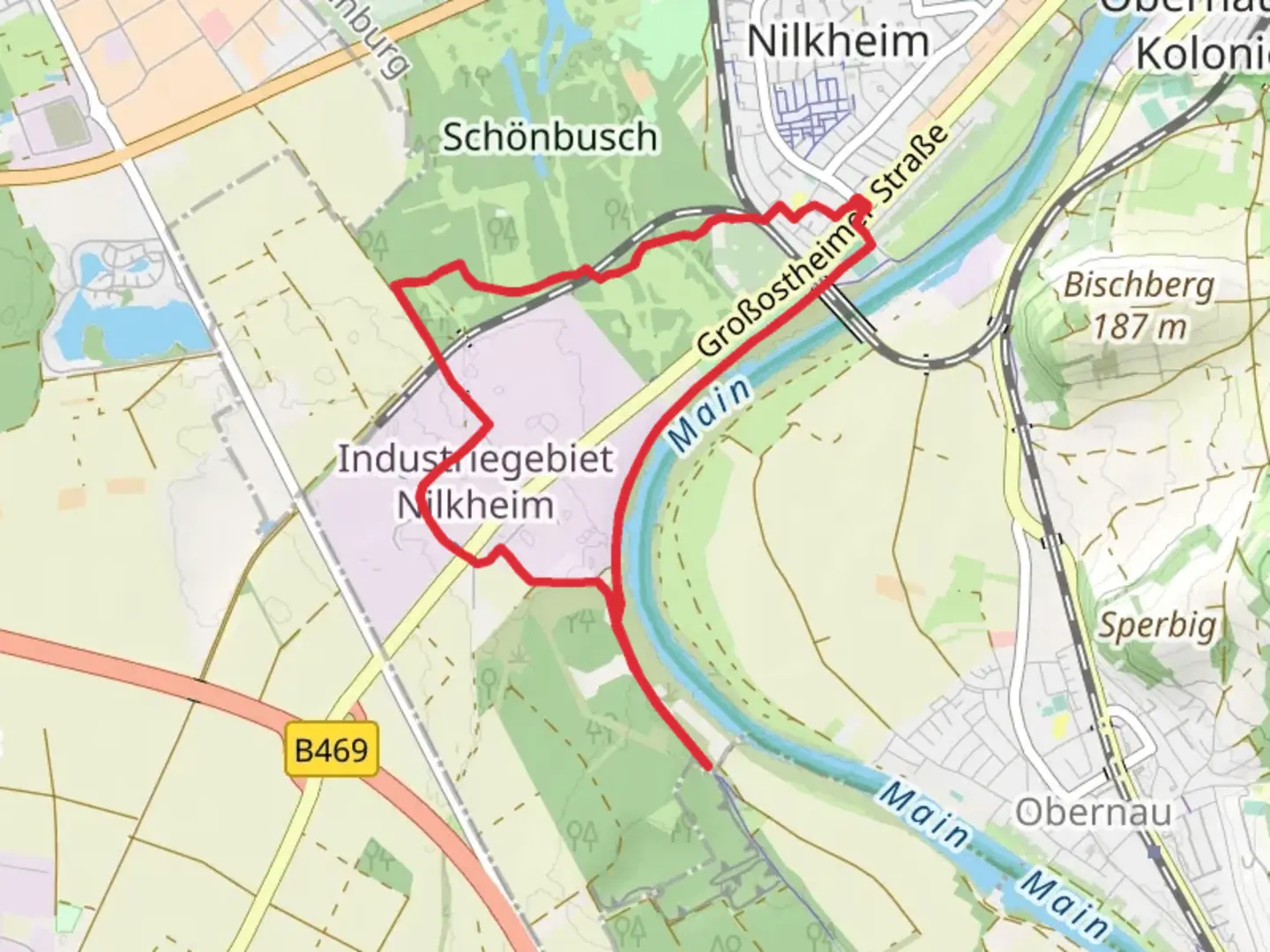 An image depicting the trail Aschaffenburg Rundweg and Kulturweg Aschaffenburg Circle and its surrounding area.