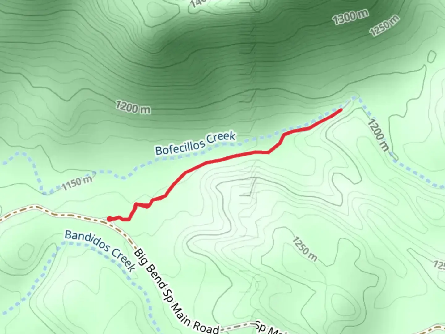 An image depicting the trail Ojito Adentro Trail and Bofecillos Creek and its surrounding area.