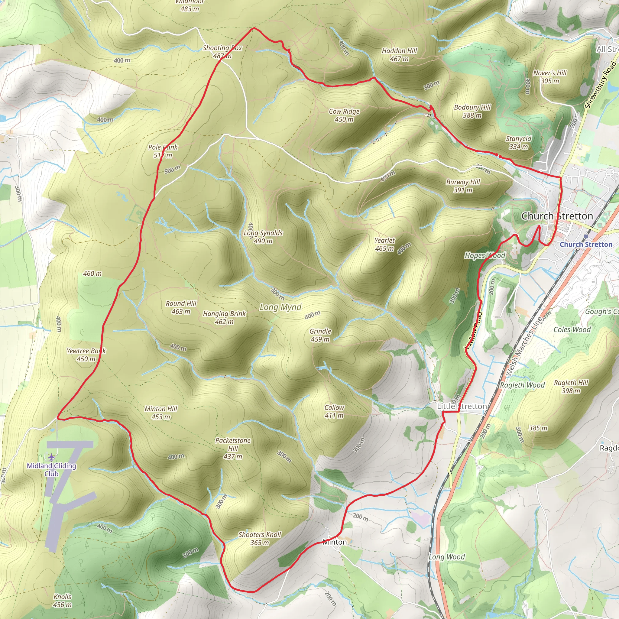 Church Stretton to Minton Loop via Pole Bank and Carding Mill Valley mobile static map