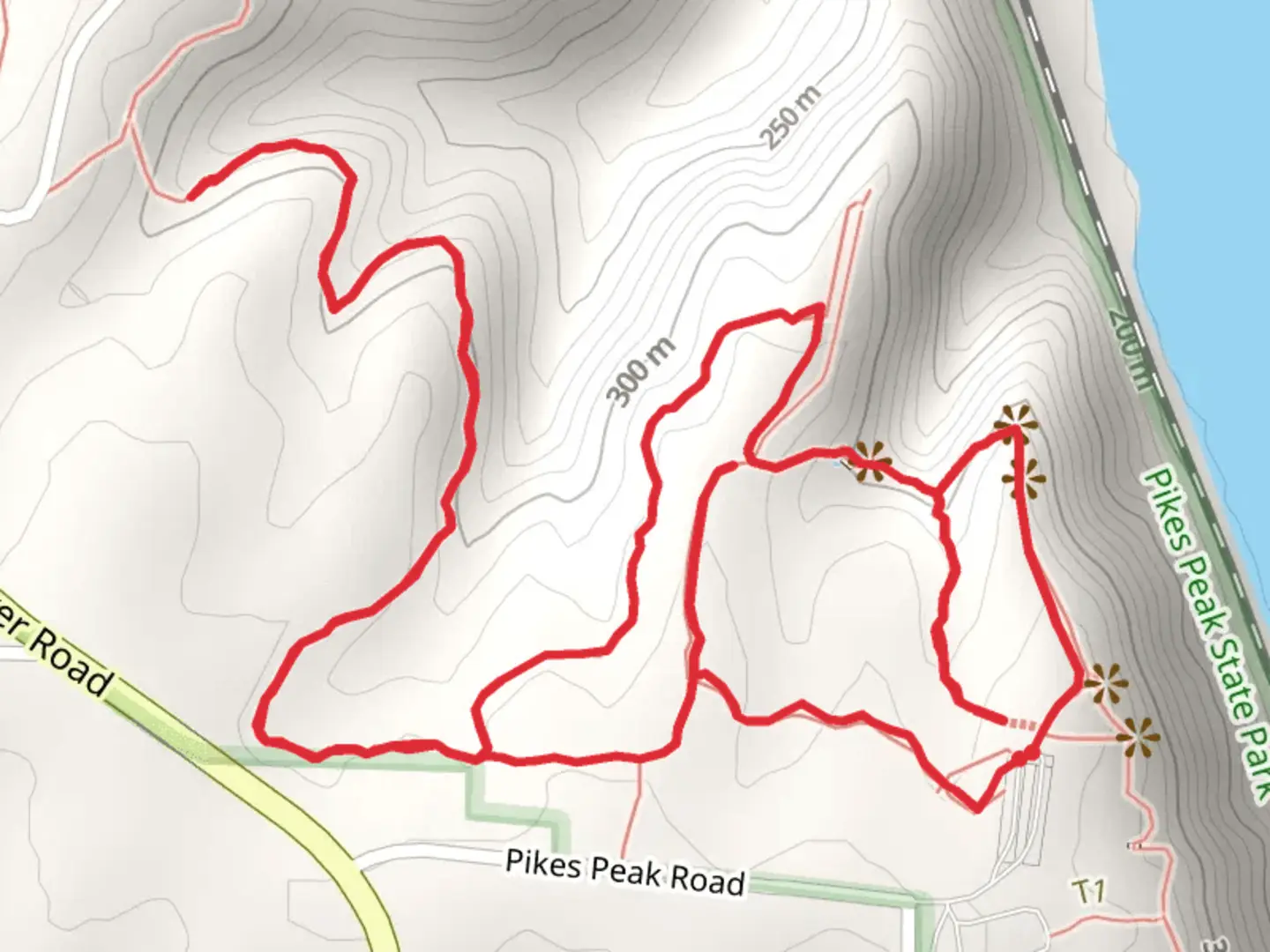 An image depicting the trail Bridal Veil Trail, Weeping Rock Trail Loop and its surrounding area.