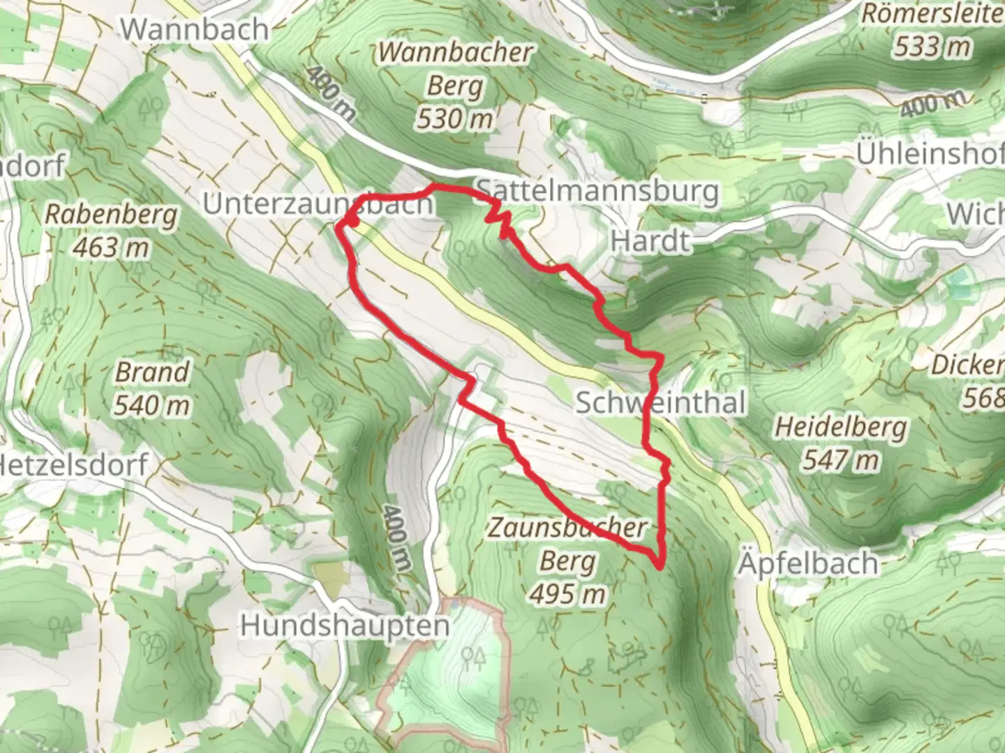 An image depicting the trail Wannbach Wolkenstein and Unterzaunsbach Schweinthal and its surrounding area.