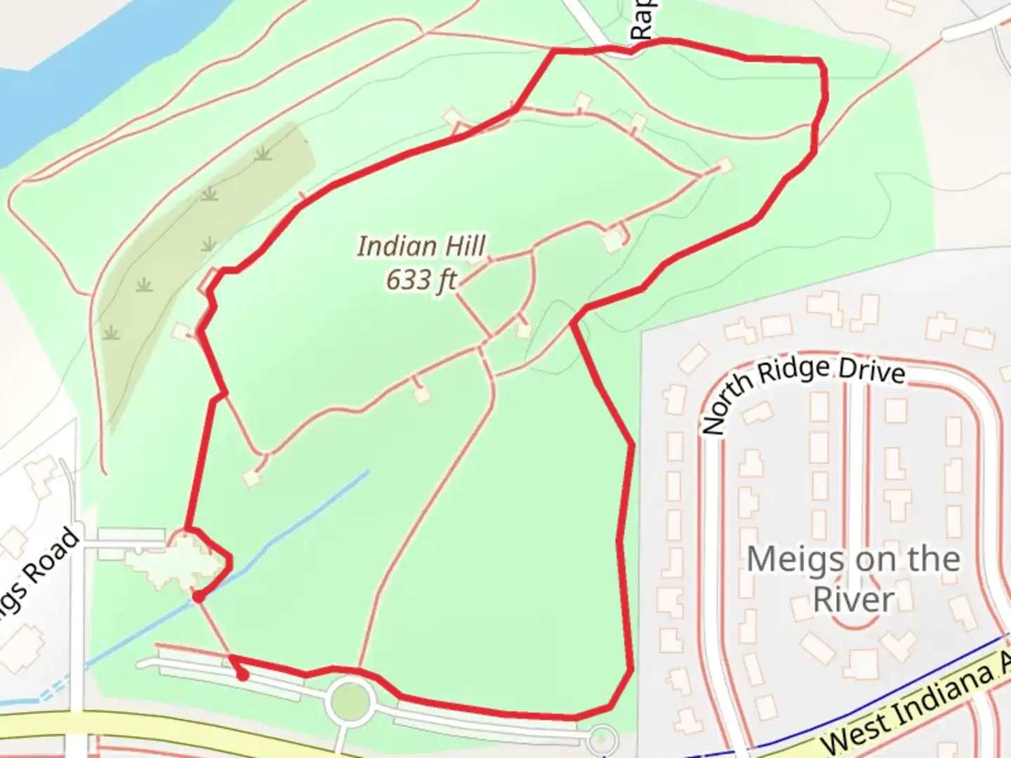 An image depicting the trail Indian Hill Loop and its surrounding area.