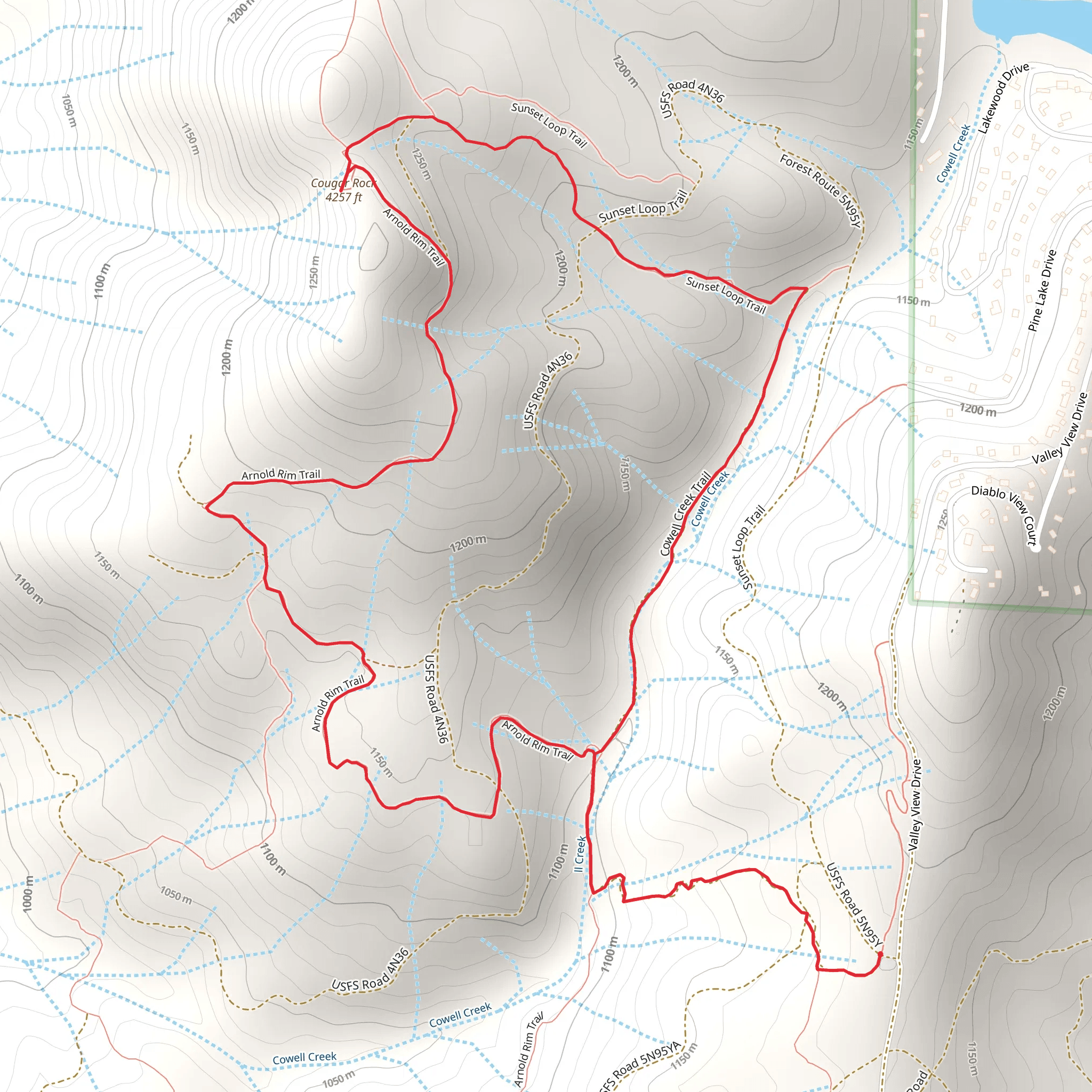 Cowell Creek, Cougar Rock and Arnold Rim - Sunset Loop Trail mobile static map
