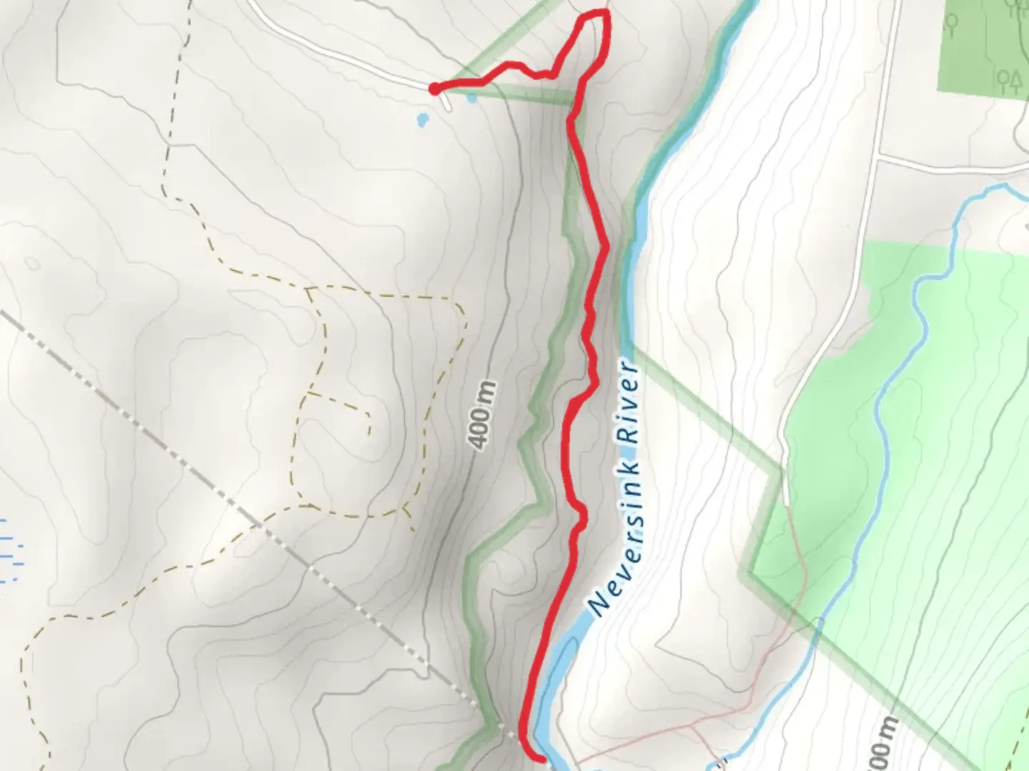 An image depicting the trail Neversink River from Hiram Jones Road and its surrounding area.