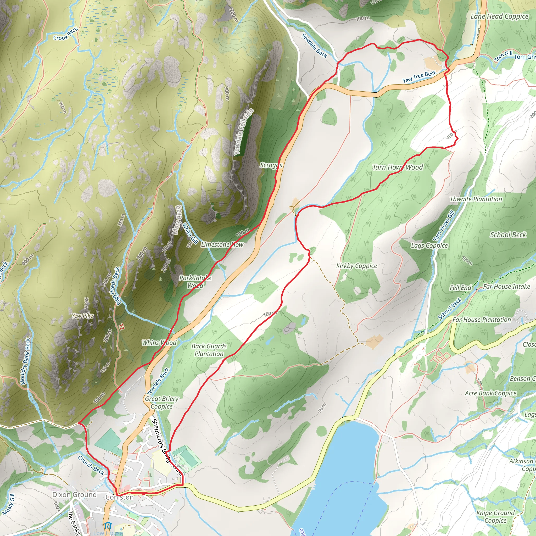 Coniston and Tarn Hows Wood Loop via Cumbria Way mobile static map
