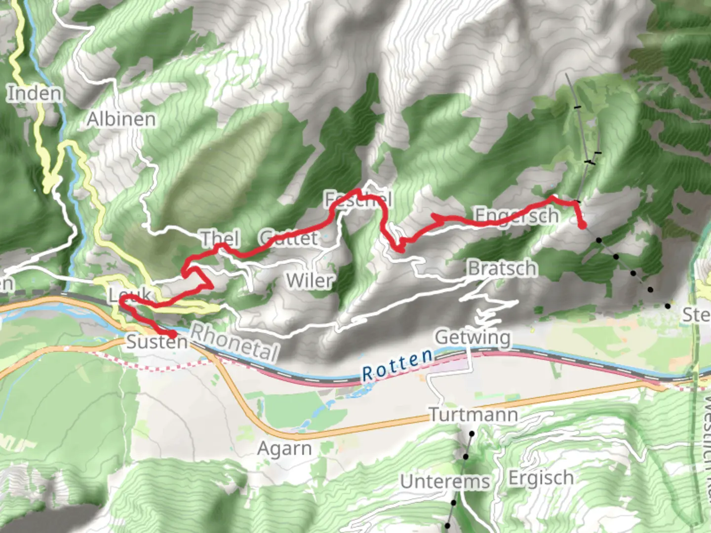 An image depicting the trail Susten - Leuk to Jeizinen Trail and its surrounding area.